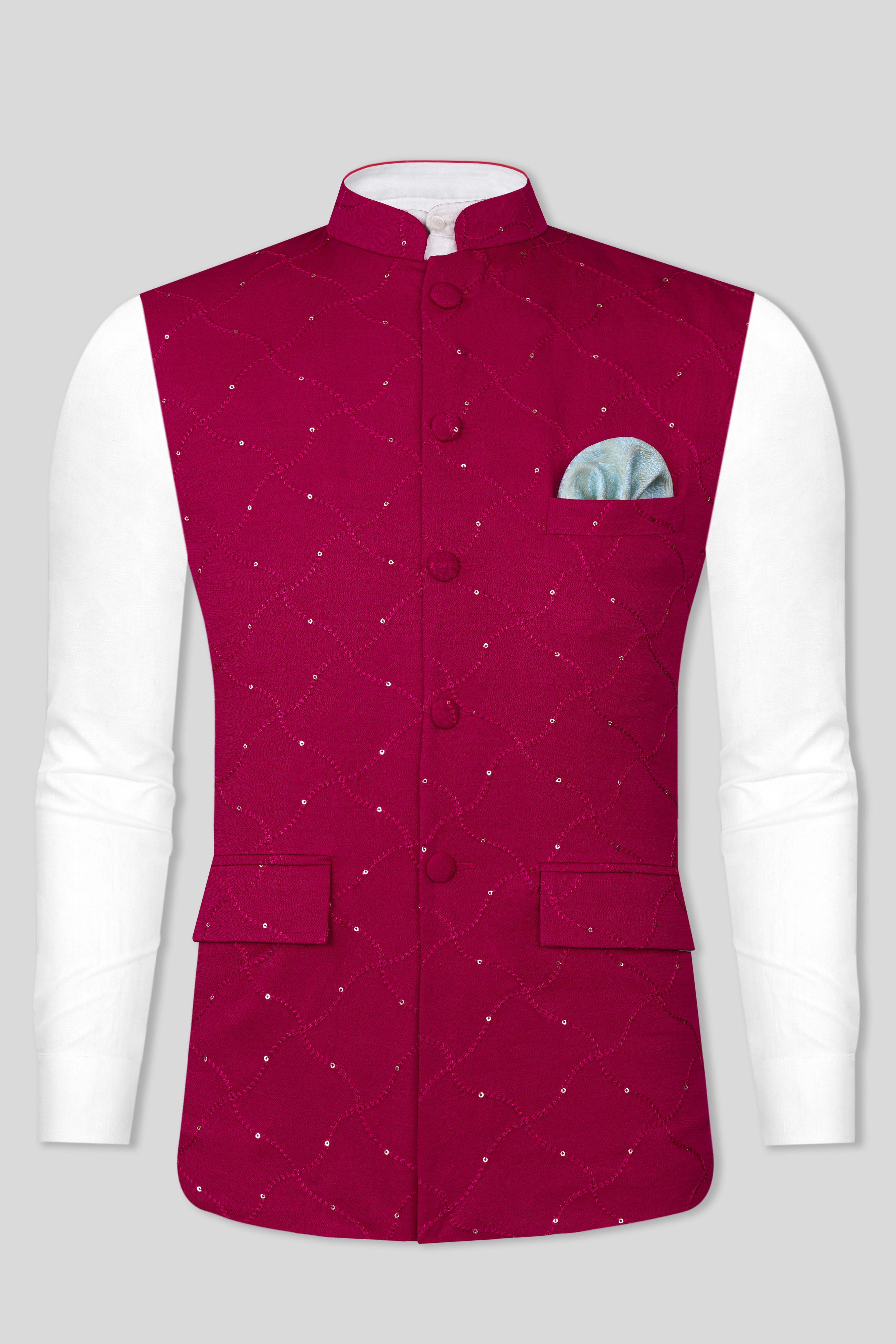 Cardinal Pink Viscose Embroidered With Tikki Work Designer Nehru Jacket
