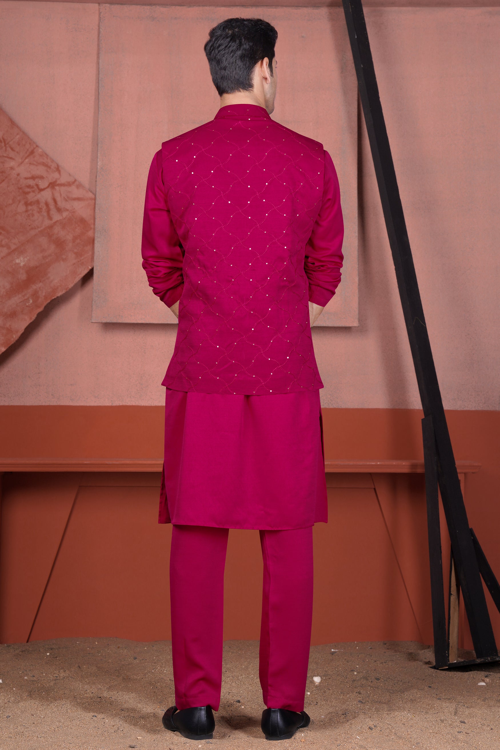 Cardinal Pink Viscose Embroidered With Tikki Work Designer Nehru Jacket