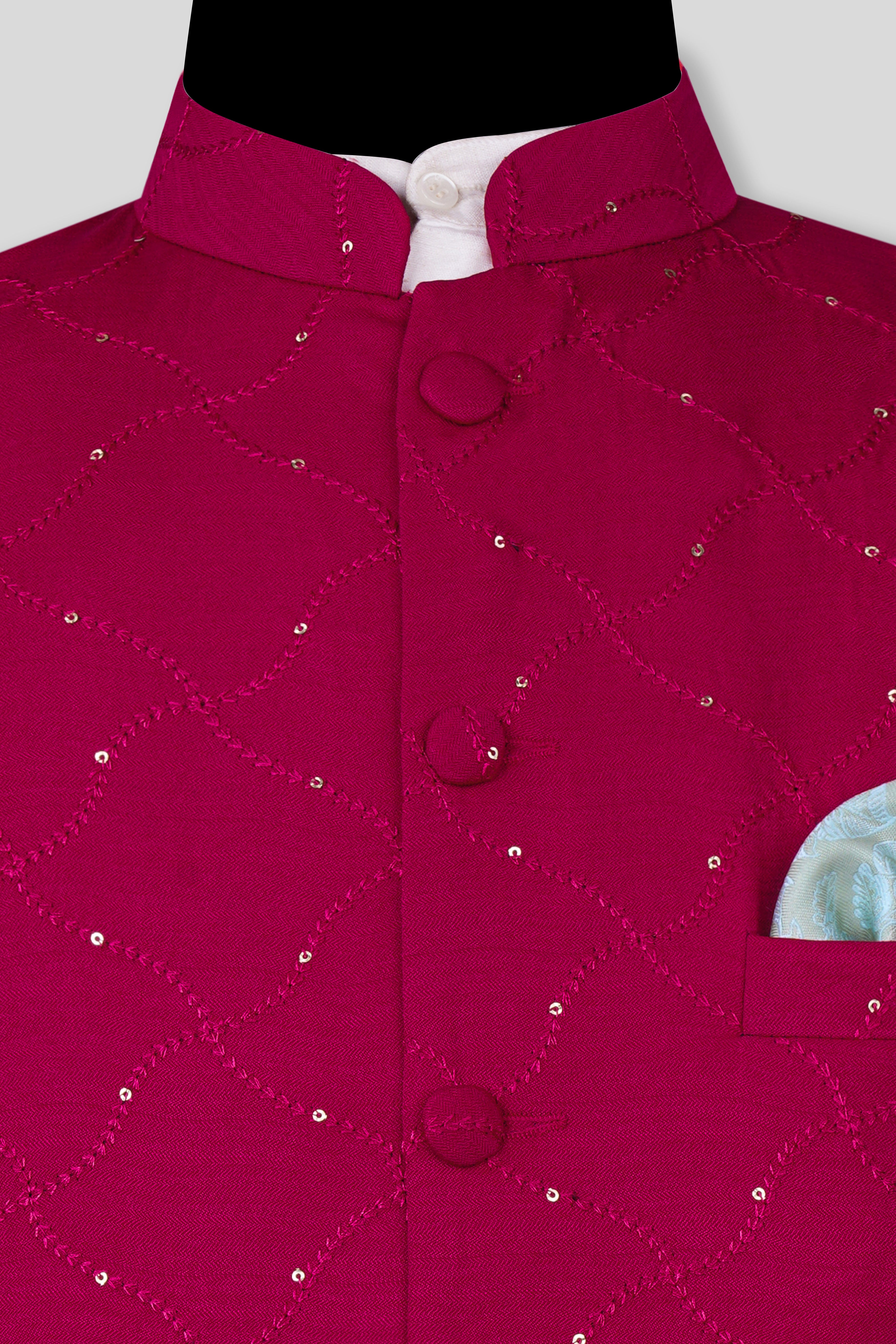 Cardinal Pink Viscose Embroidered With Tikki Work Designer Nehru Jacket
