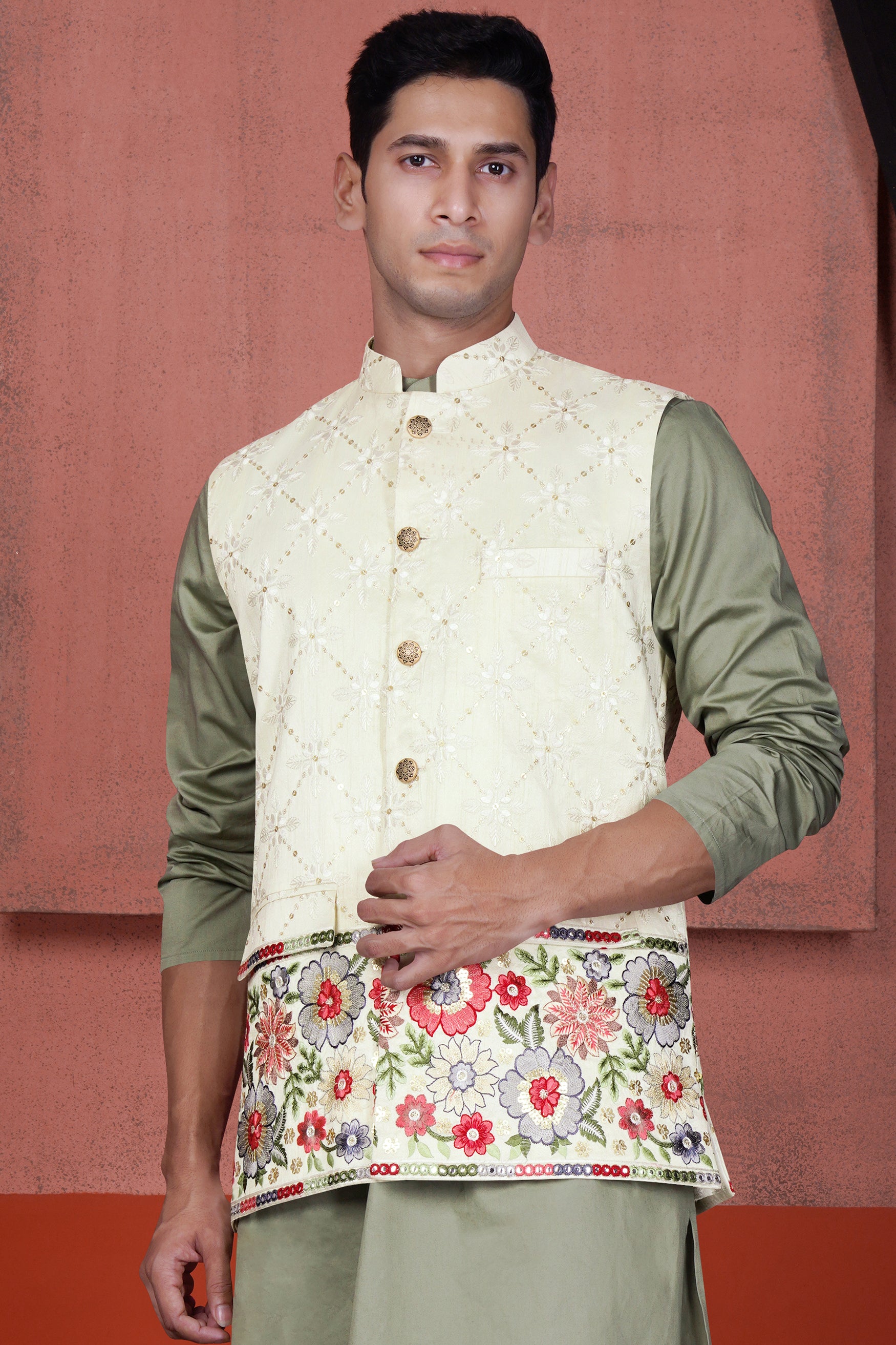 Merino Cream and Terra Pink Floral Cotton Thread Embroidered Designer Nehru Jacket