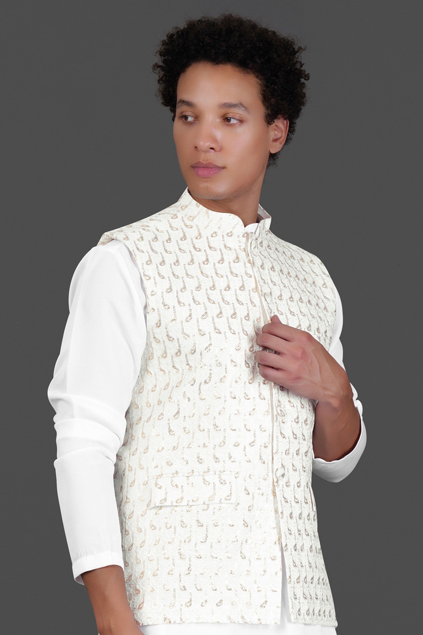 Bright White Leaves Pattern Sequin Embroidered Designer Viscose Nehru Jacket