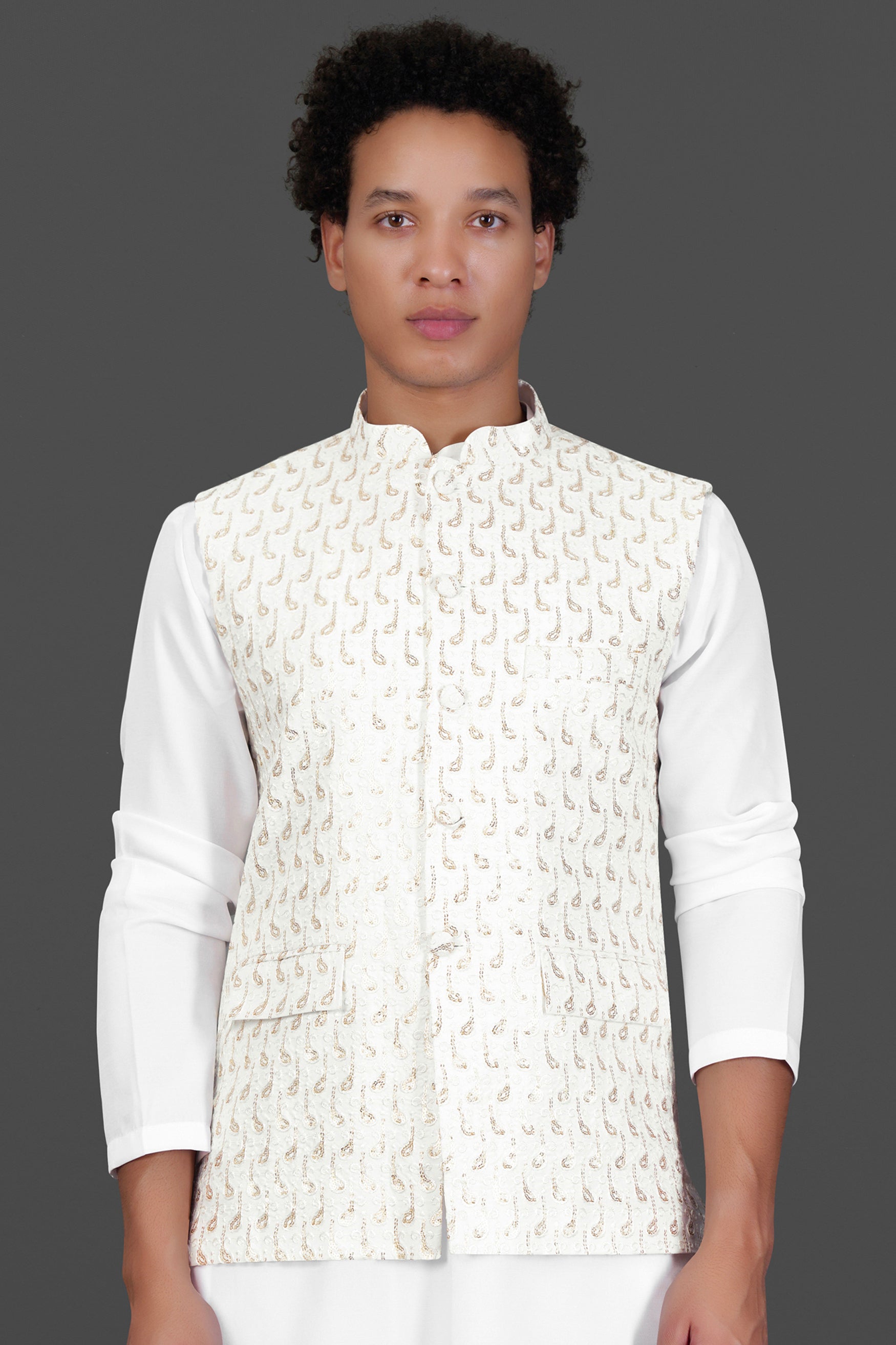 Bright White Leaves Pattern Sequin Embroidered Designer Viscose Nehru Jacket