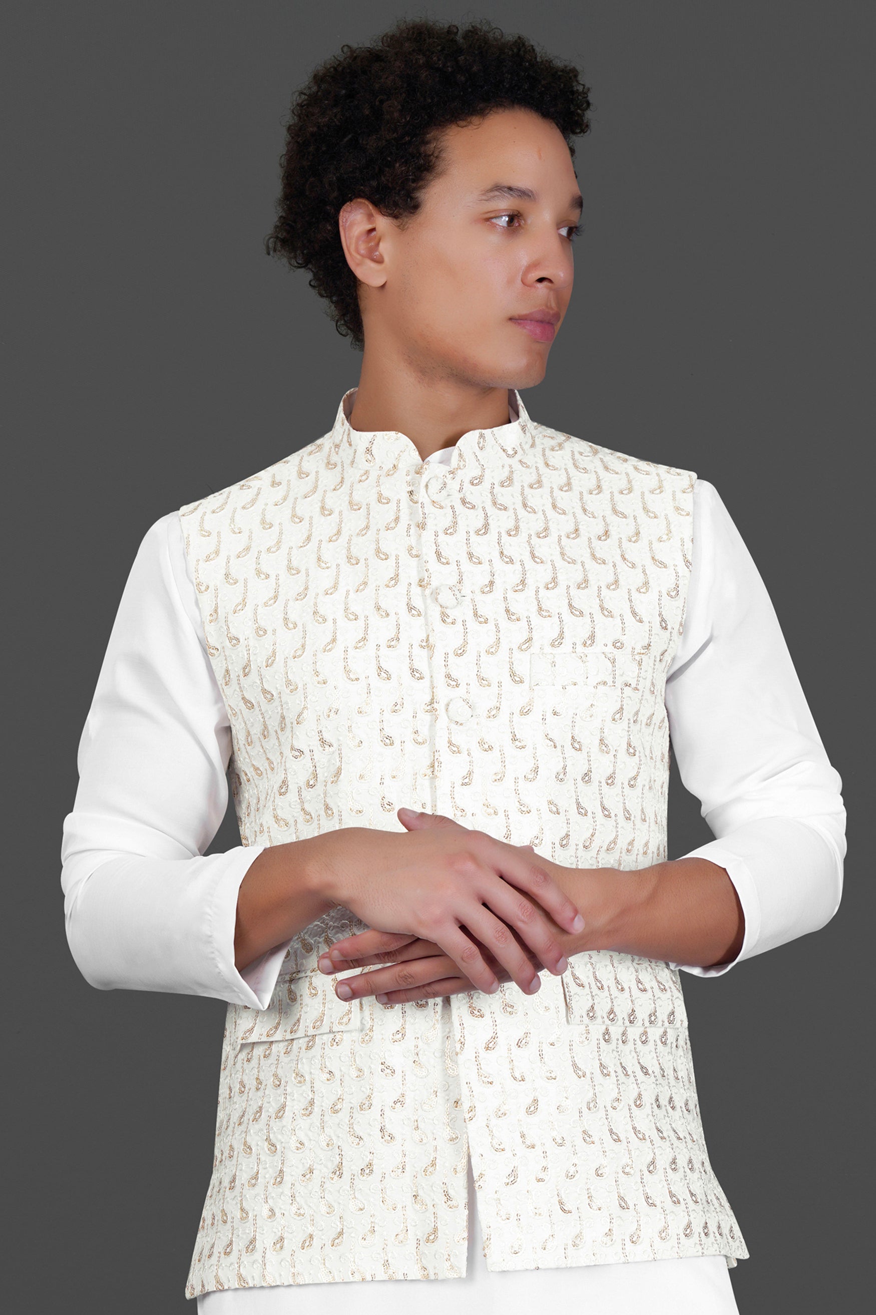 Bright White Leaves Pattern Sequin Embroidered Designer Viscose Nehru Jacket