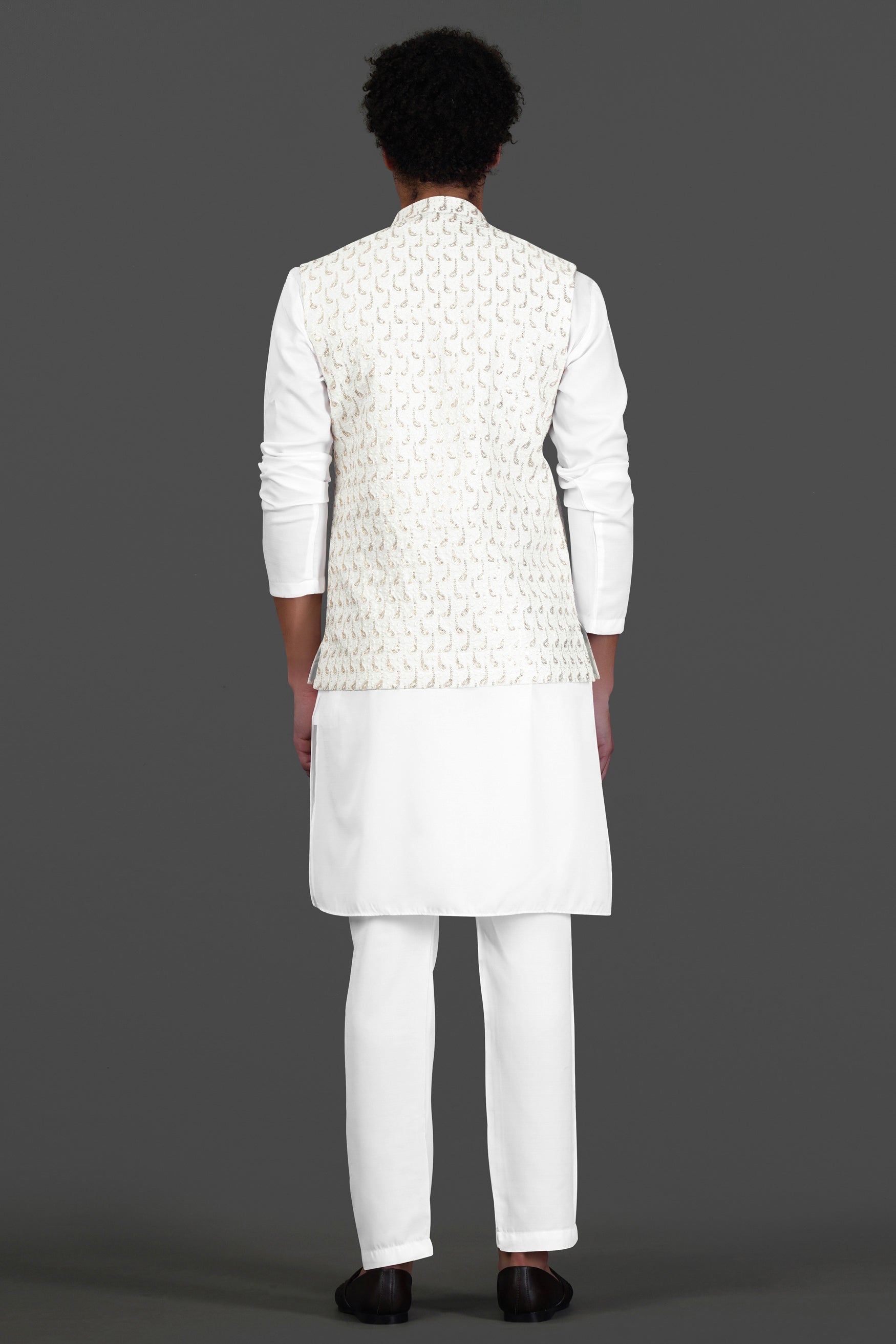 Bright White Leaves Pattern Sequin Embroidered Designer Viscose Nehru Jacket