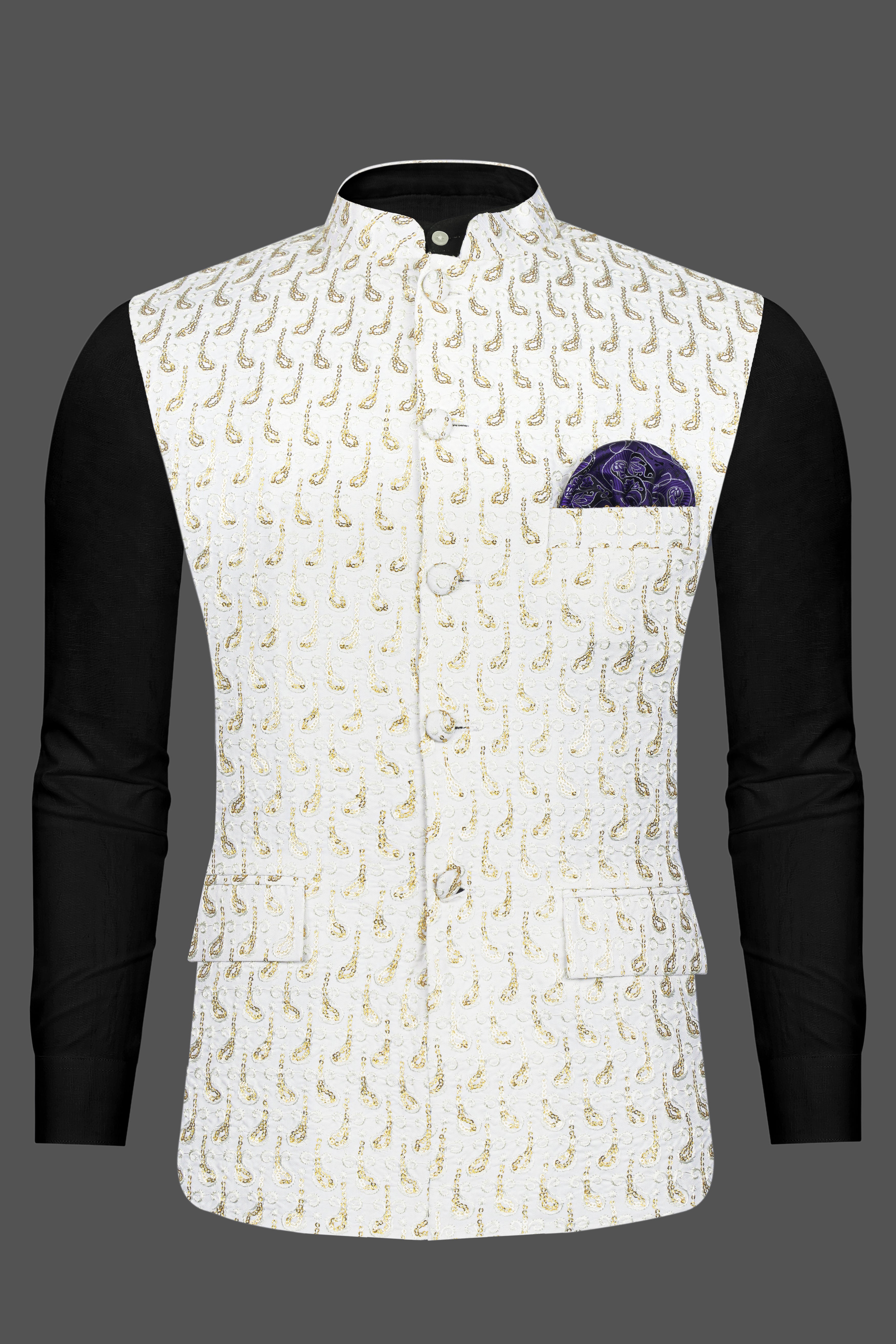 Bright White Leaves Pattern Sequin Embroidered Designer Viscose Nehru Jacket