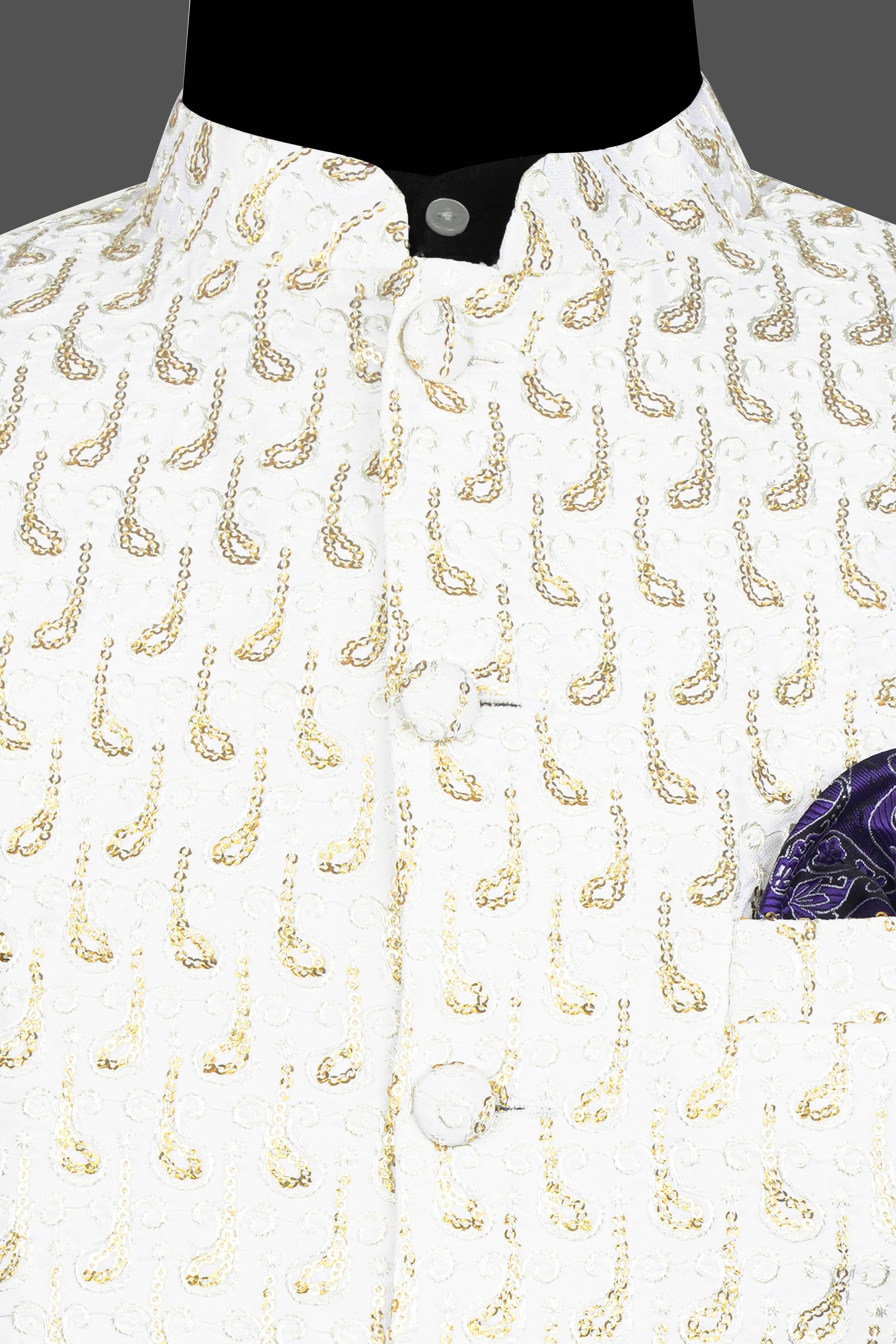 Bright White Leaves Pattern Sequin Embroidered Designer Viscose Nehru Jacket