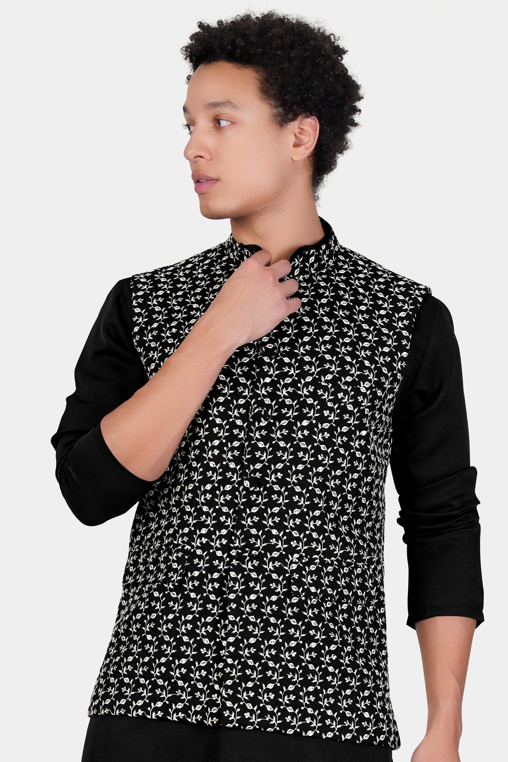 Jade Black Ditsy Pattern Thread and Sequin Embroidered Designer Viscose Nehru Jacket