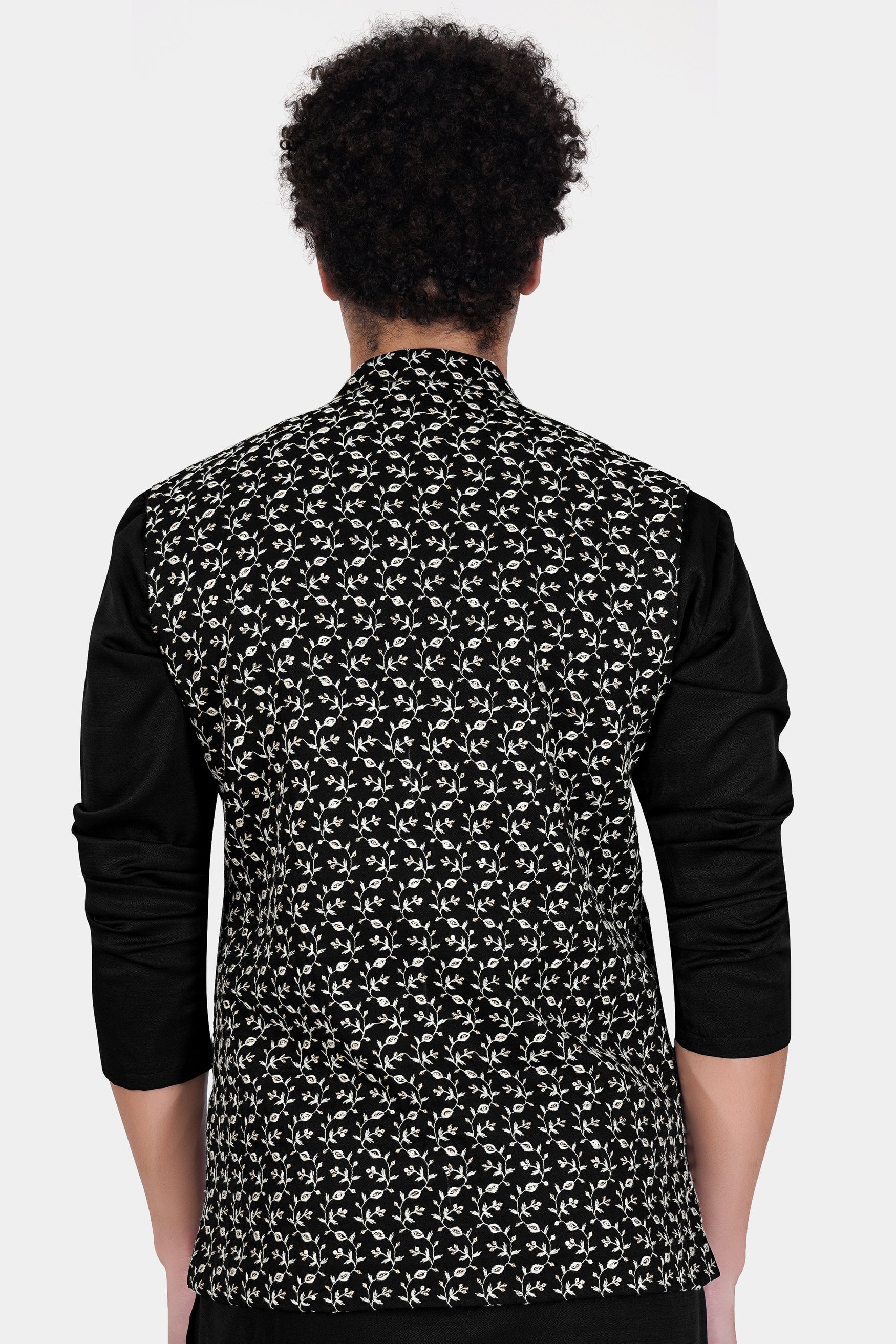 Jade Black Ditsy Pattern Thread and Sequin Embroidered Designer Viscose Nehru Jacket
