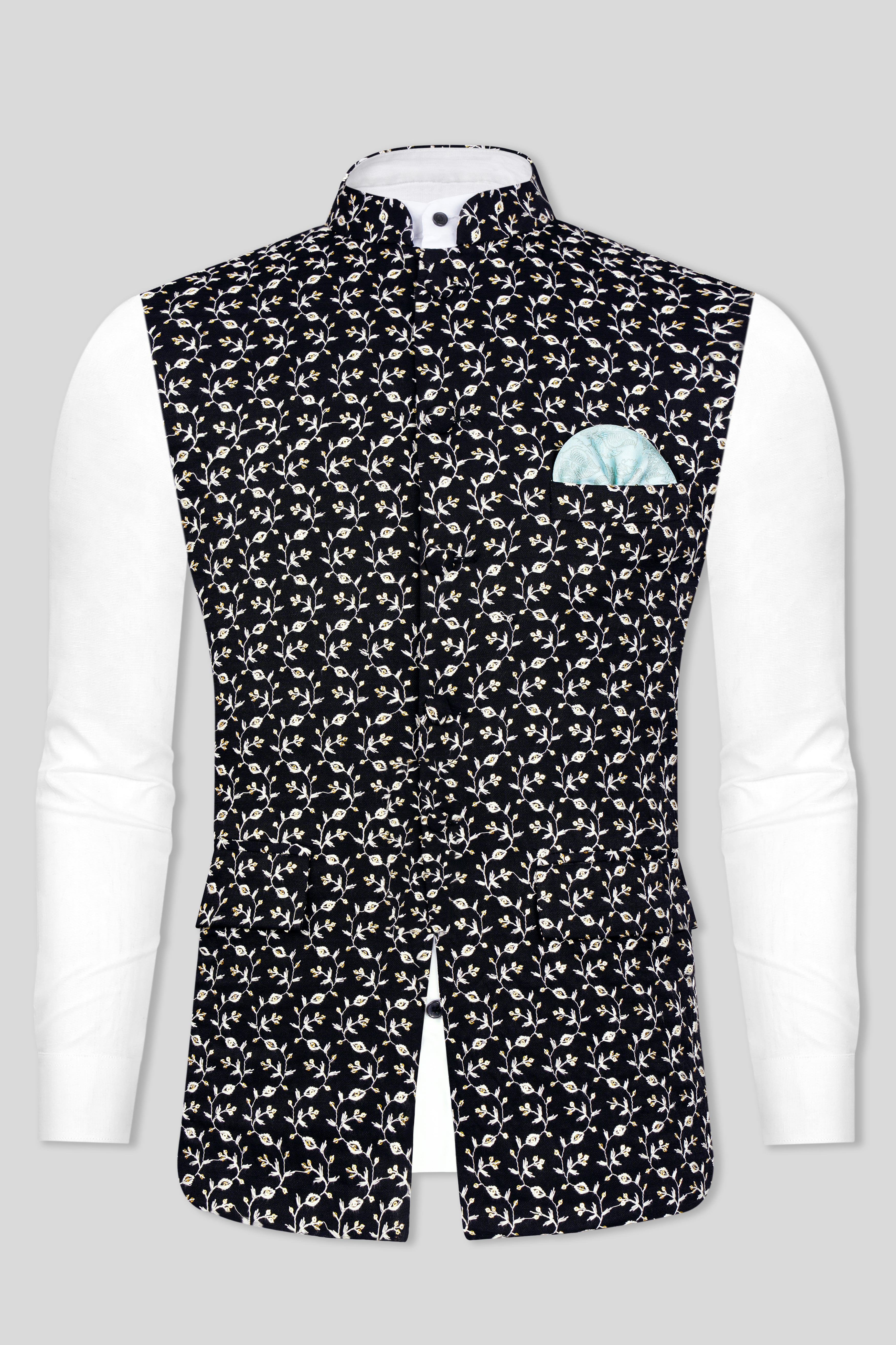 Jade Black Ditsy Pattern Thread and Sequin Embroidered Designer Viscose Nehru Jacket