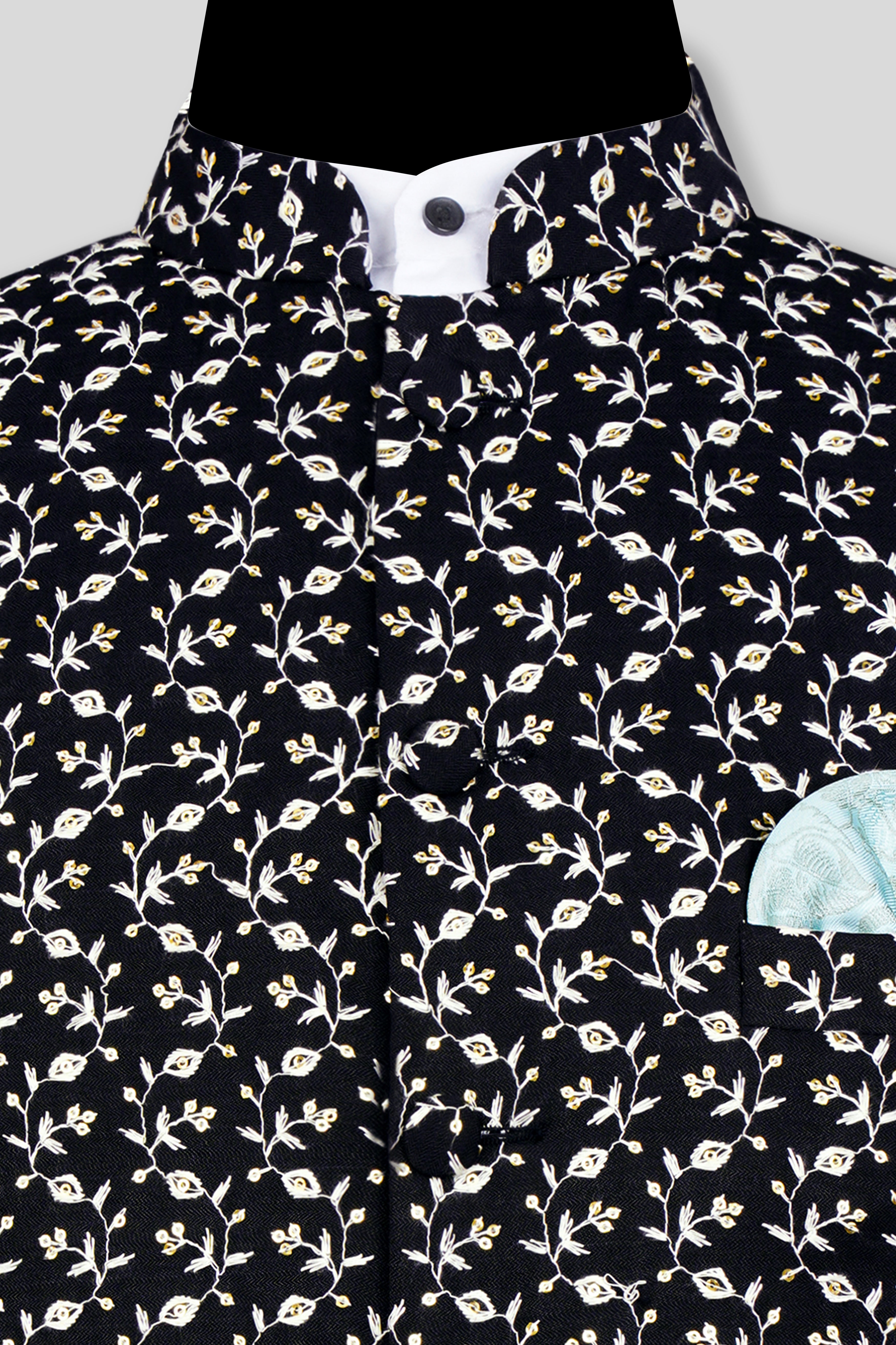 Jade Black Ditsy Pattern Thread and Sequin Embroidered Designer Viscose Nehru Jacket