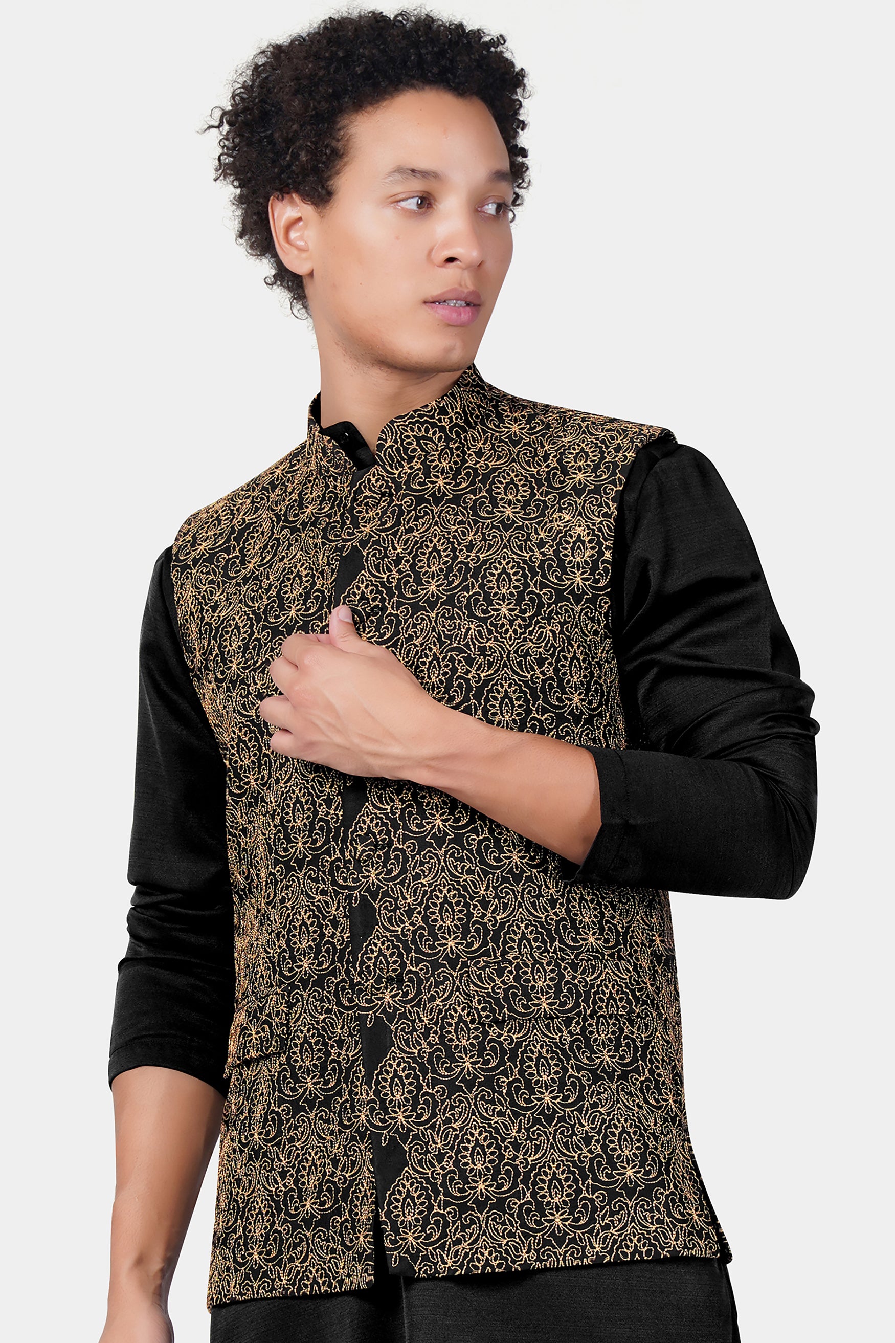 Jade Black Thread Embroidered Designer Viscose Nehru Jacket