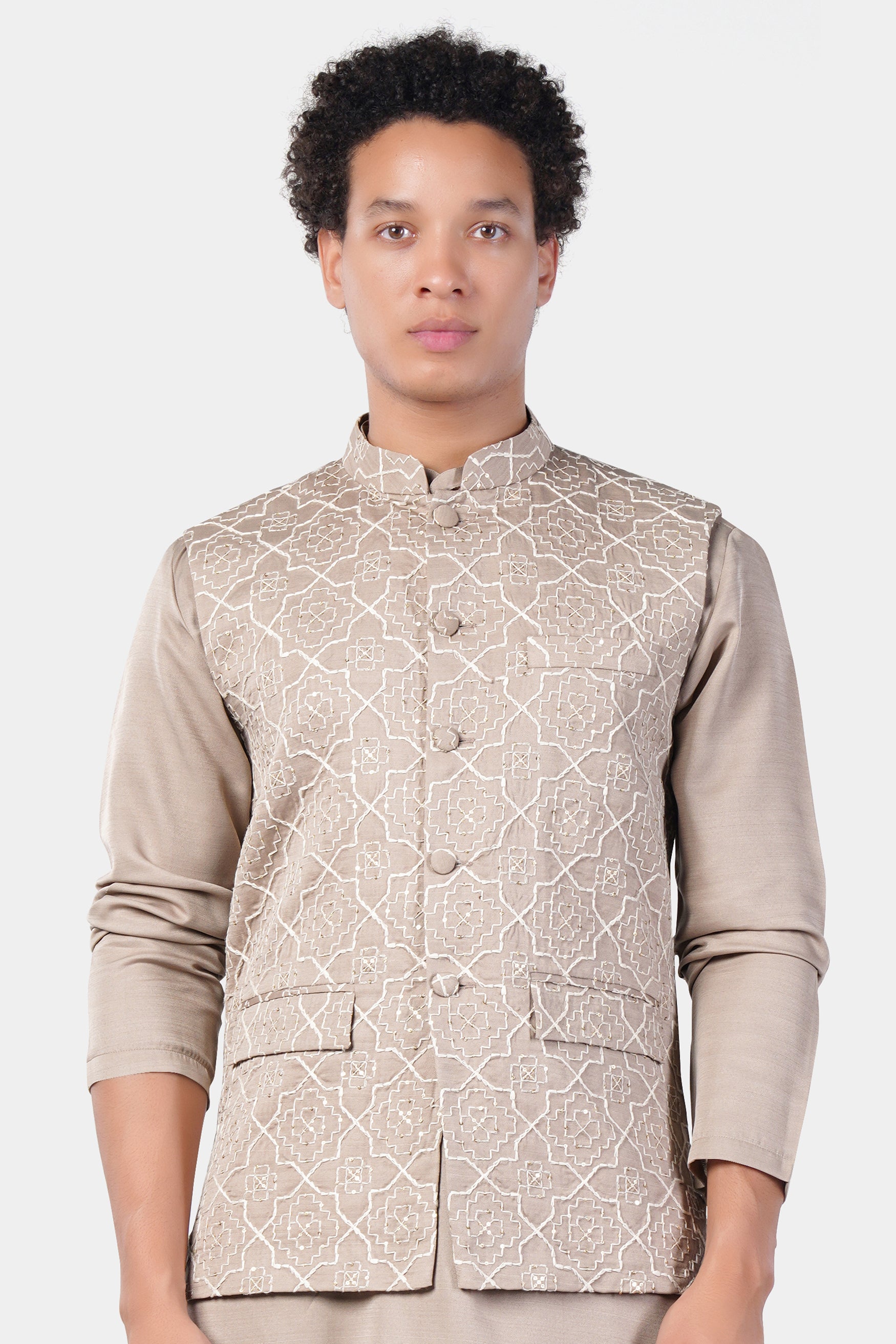 Chalice Brown Trellis Pattern Thread and Sequin Embroidered Designer Viscose Nehru Jacket