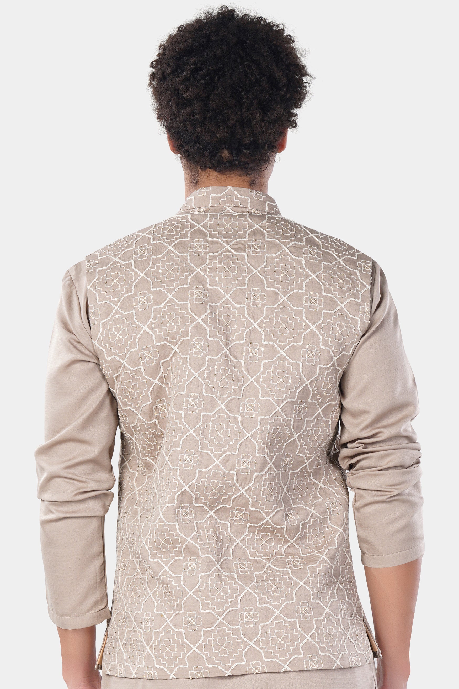 Chalice Brown Trellis Pattern Thread and Sequin Embroidered Designer Viscose Nehru Jacket