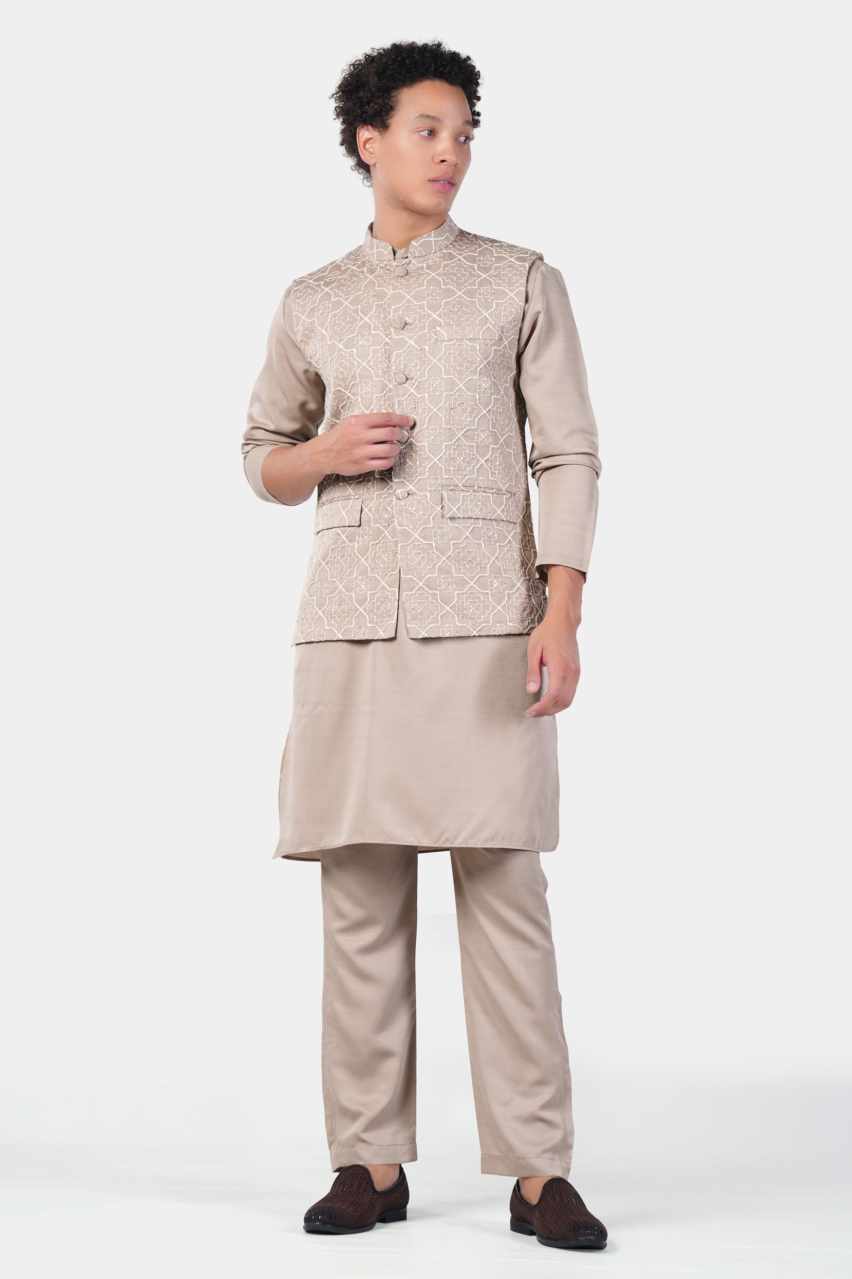 Chalice Brown Trellis Pattern Thread and Sequin Embroidered Designer Viscose Nehru Jacket