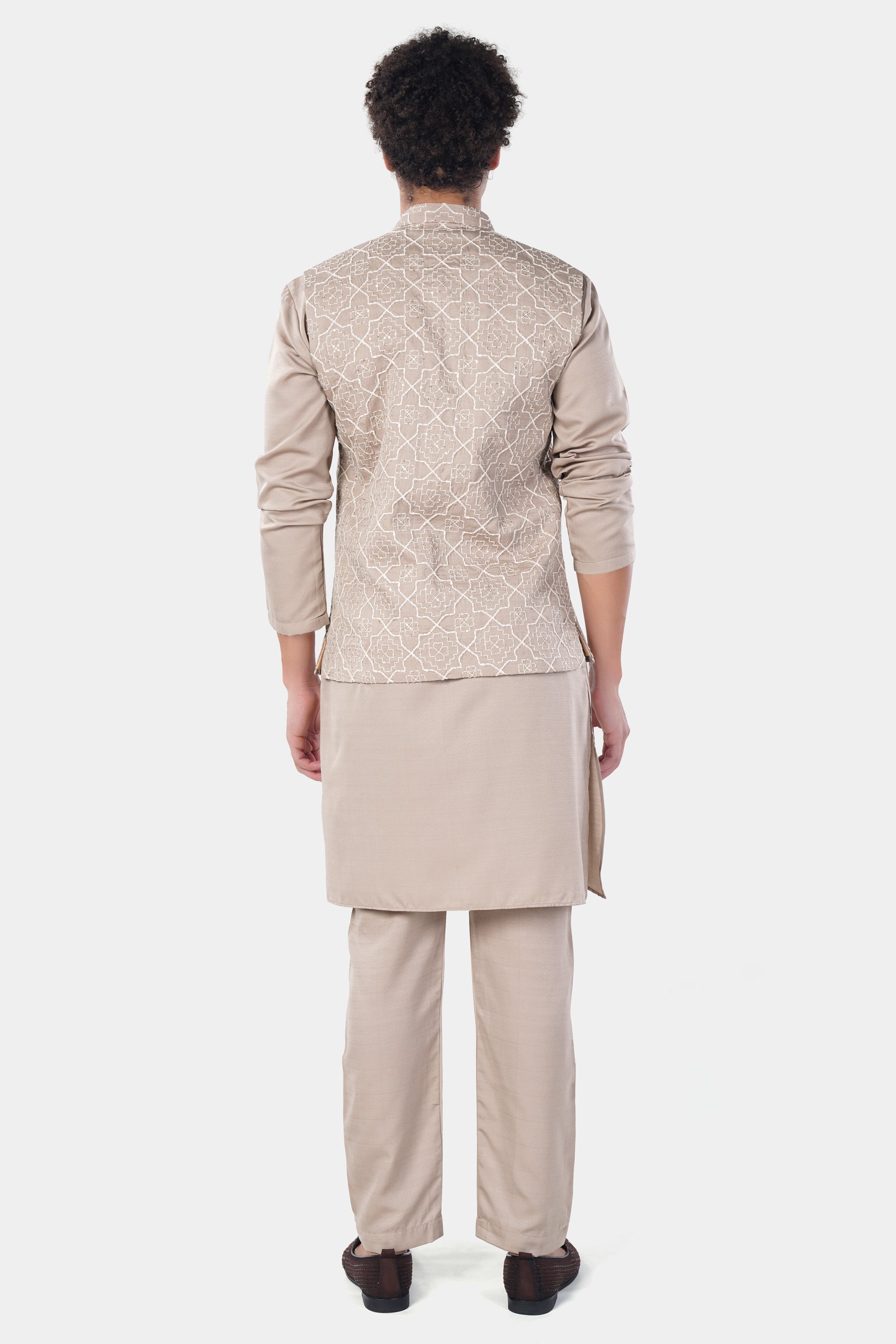 Chalice Brown Trellis Pattern Thread and Sequin Embroidered Designer Viscose Nehru Jacket