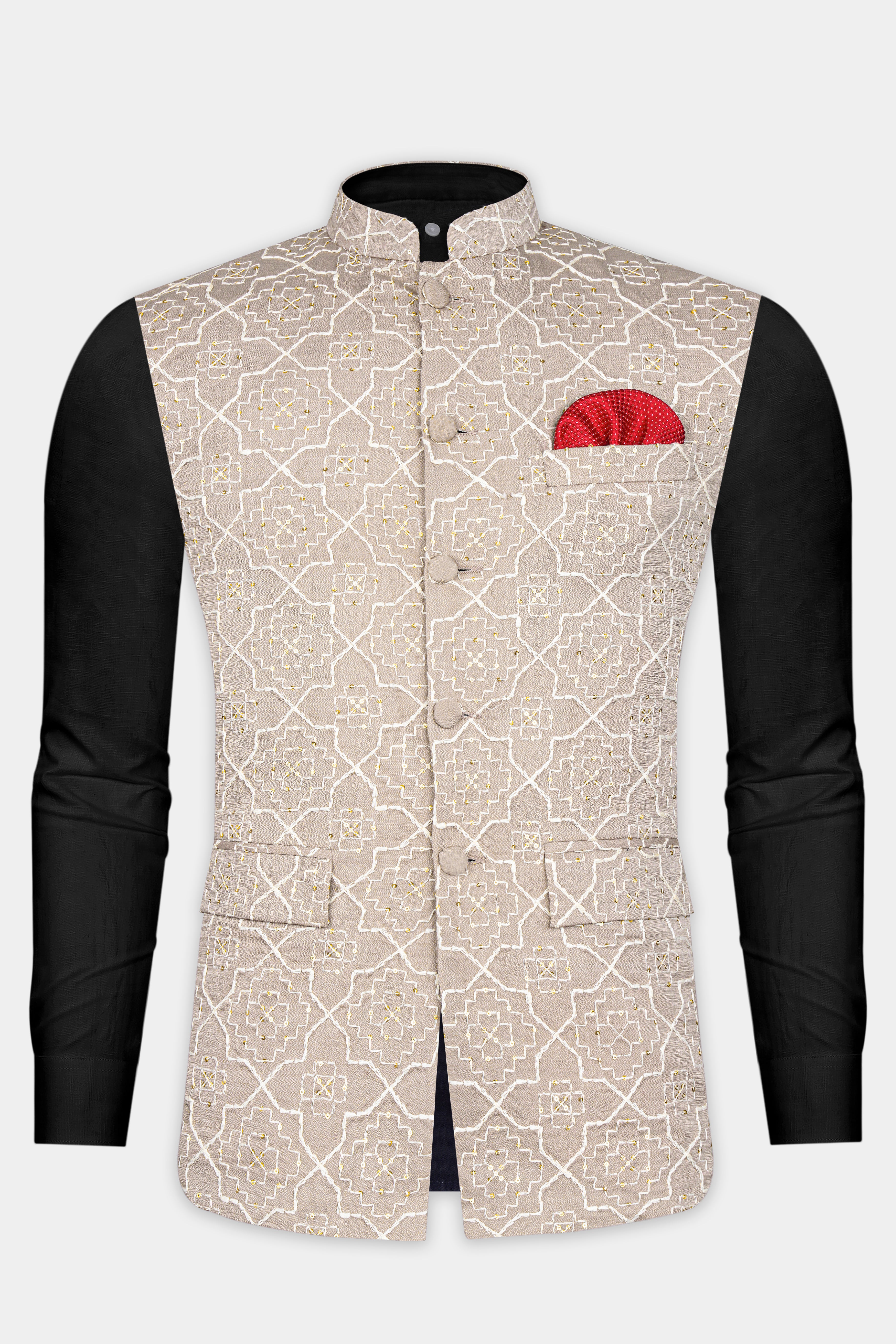 Chalice Brown Trellis Pattern Thread and Sequin Embroidered Designer Viscose Nehru Jacket