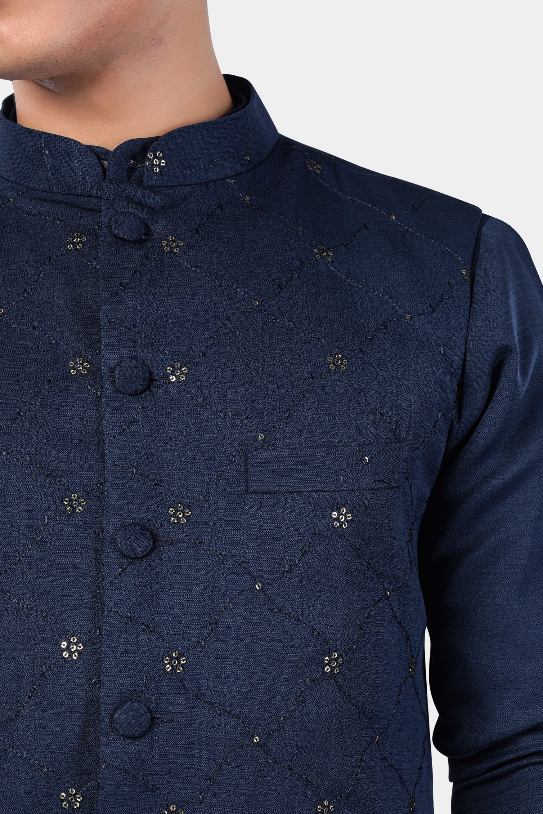 Mirage Blue floral Thread and Sequin Embroidered Designer Viscose Nehru Jacket
