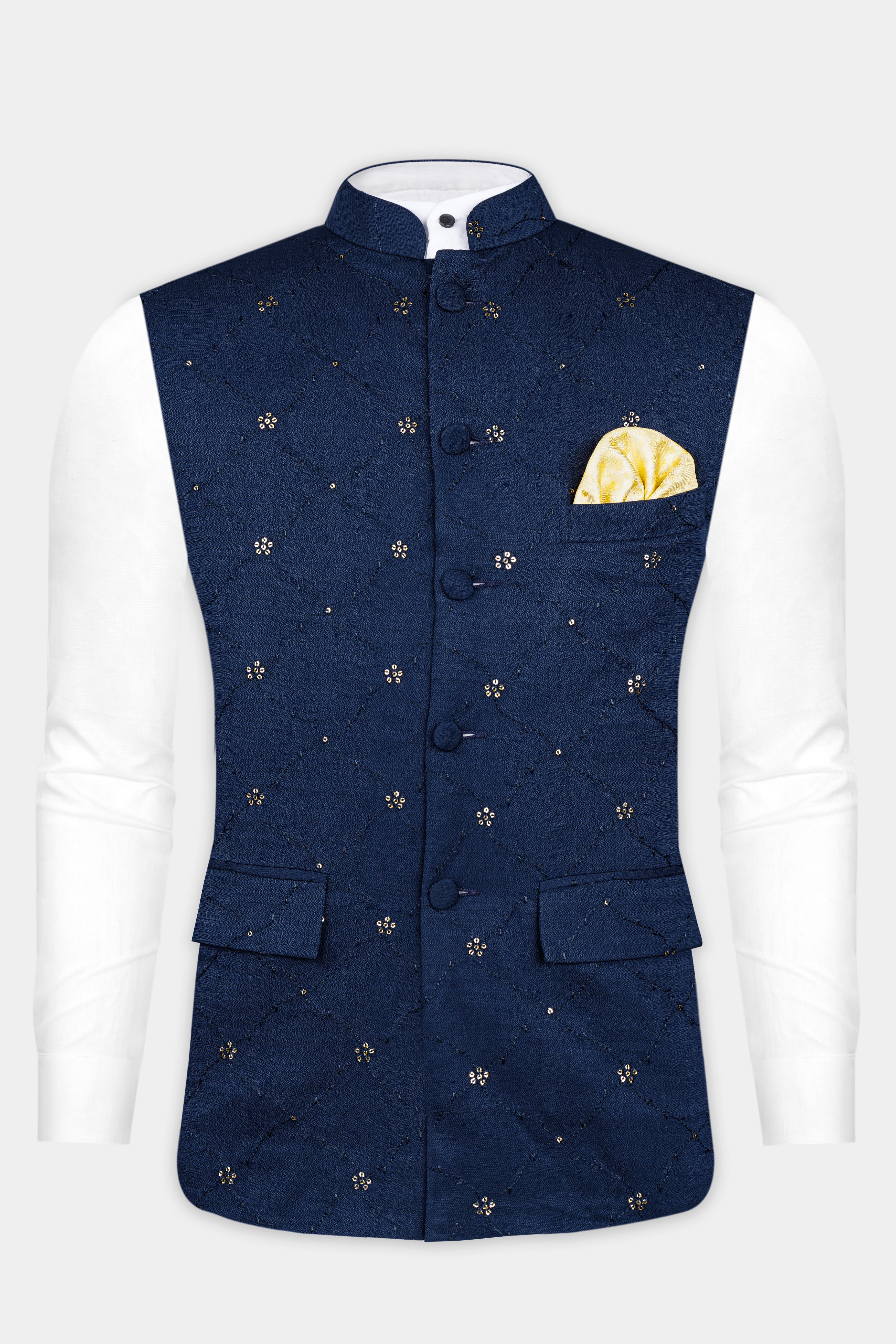 Mirage Blue floral Thread and Sequin Embroidered Designer Viscose Nehru Jacket