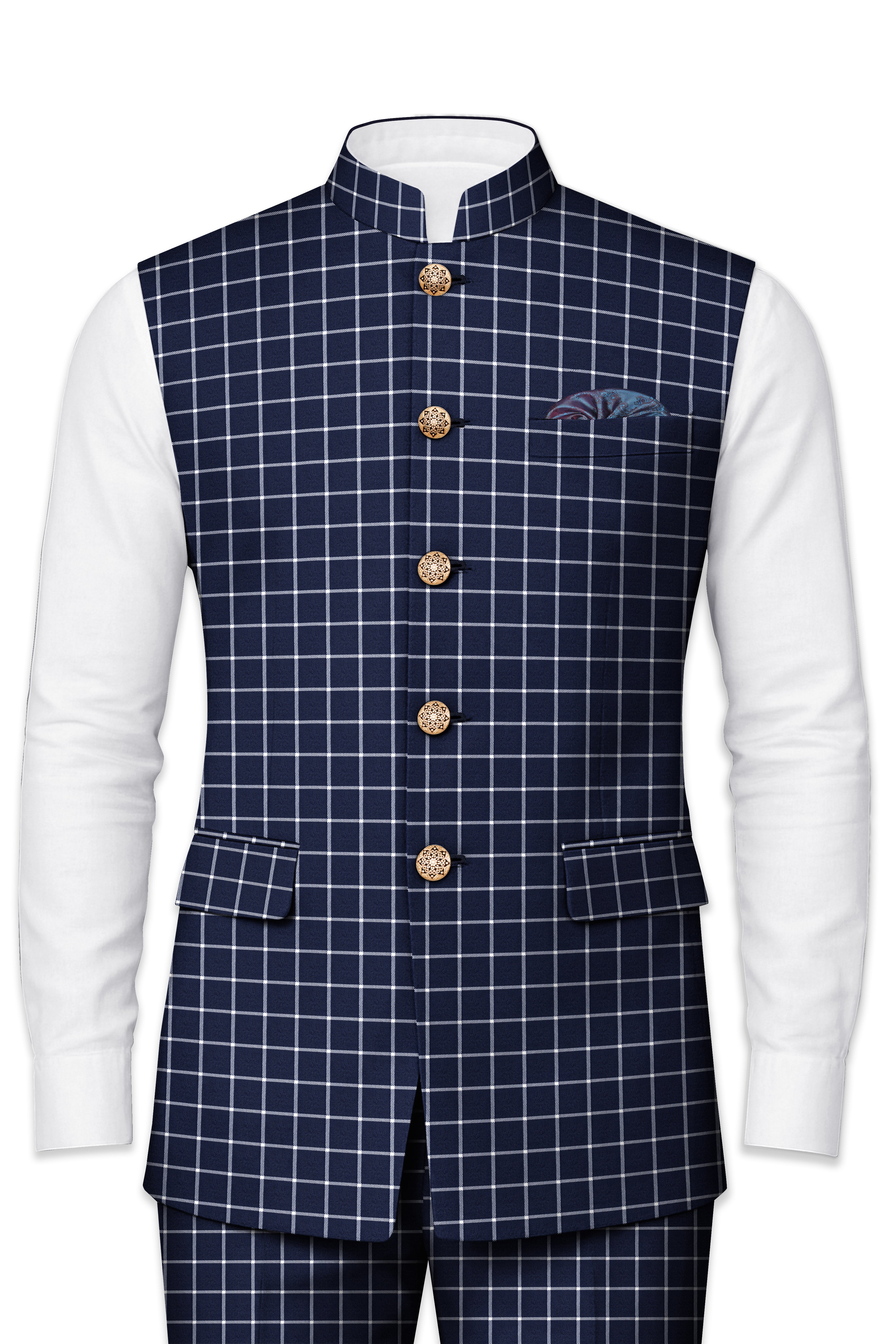 Panevik-Admiral Blue and White Windowpane Wool Rich Nehru Jacket