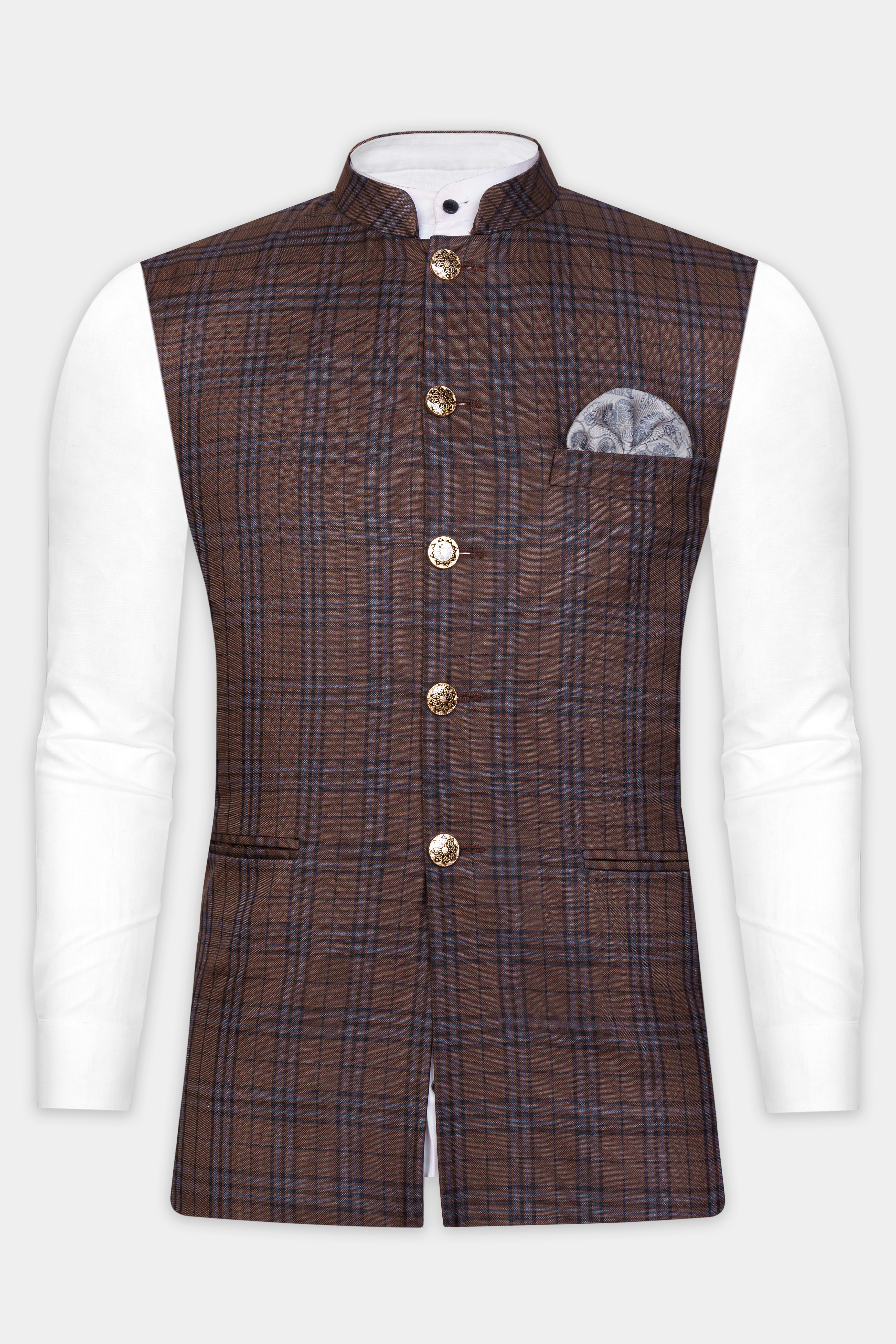 Gingerbread Brown and Haiti Blue Plaid Wool Rich  Nehru Jacket