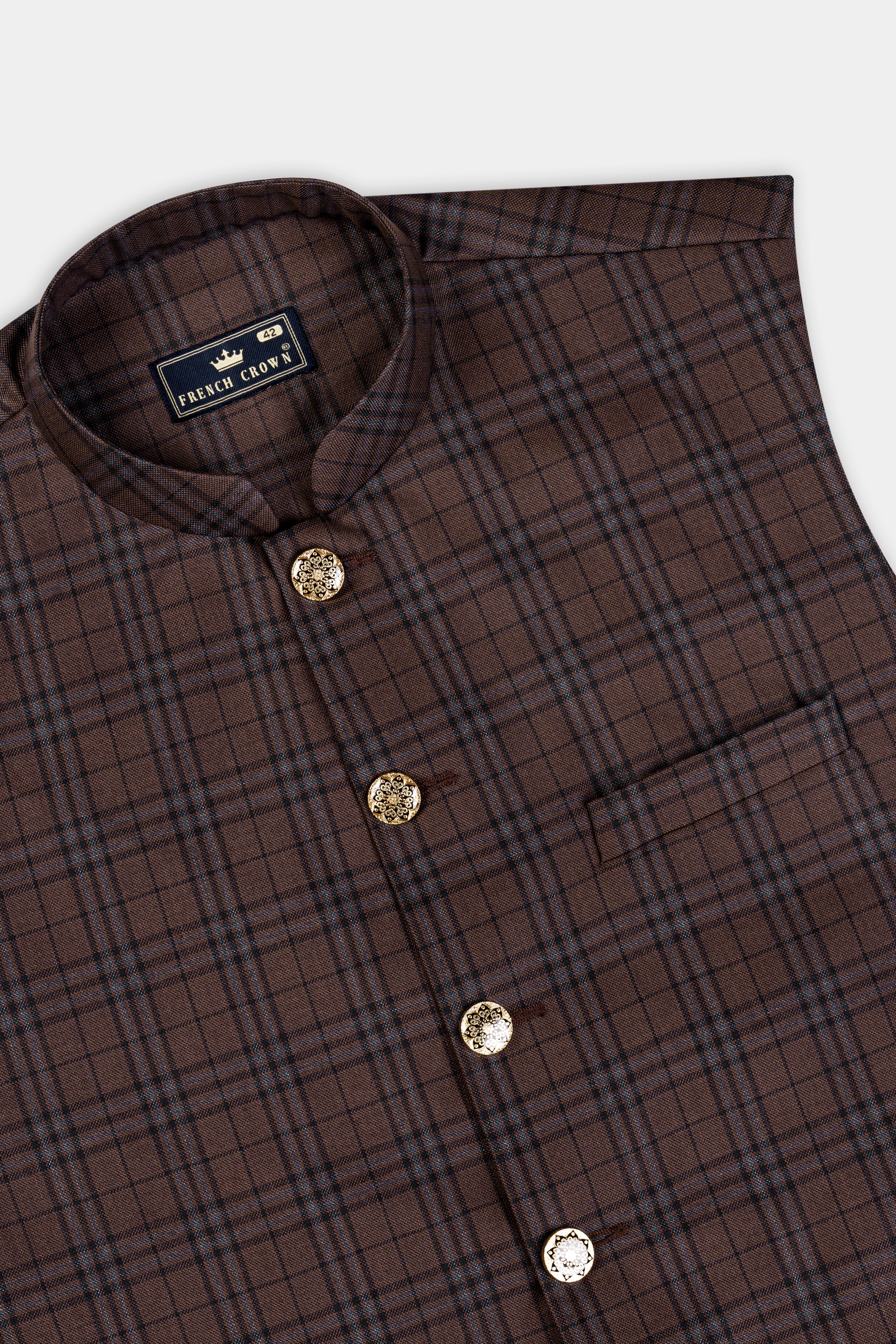 Gingerbread Brown and Haiti Blue Plaid Wool Rich  Nehru Jacket