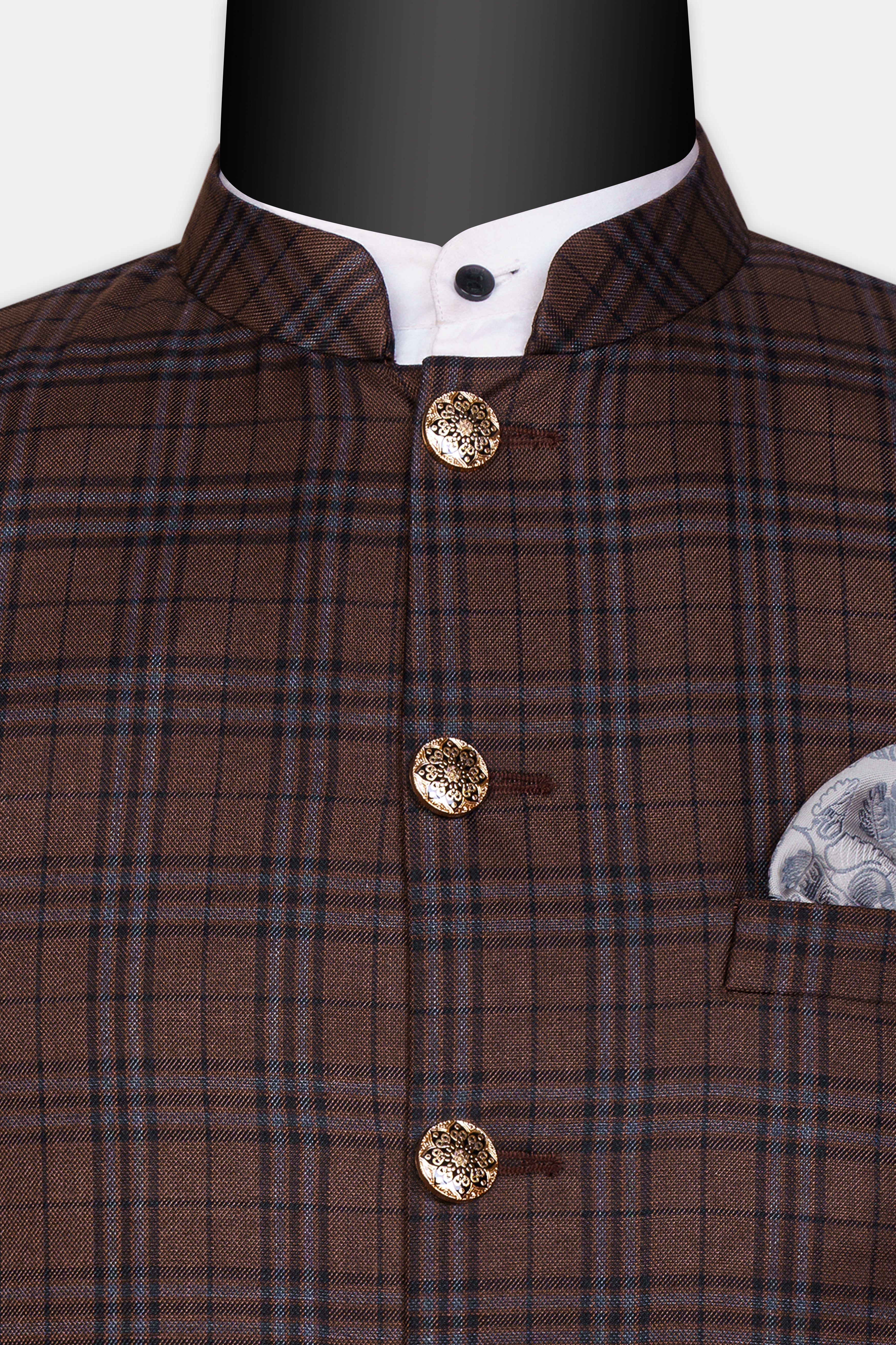 Gingerbread Brown and Haiti Blue Plaid Wool Rich  Nehru Jacket