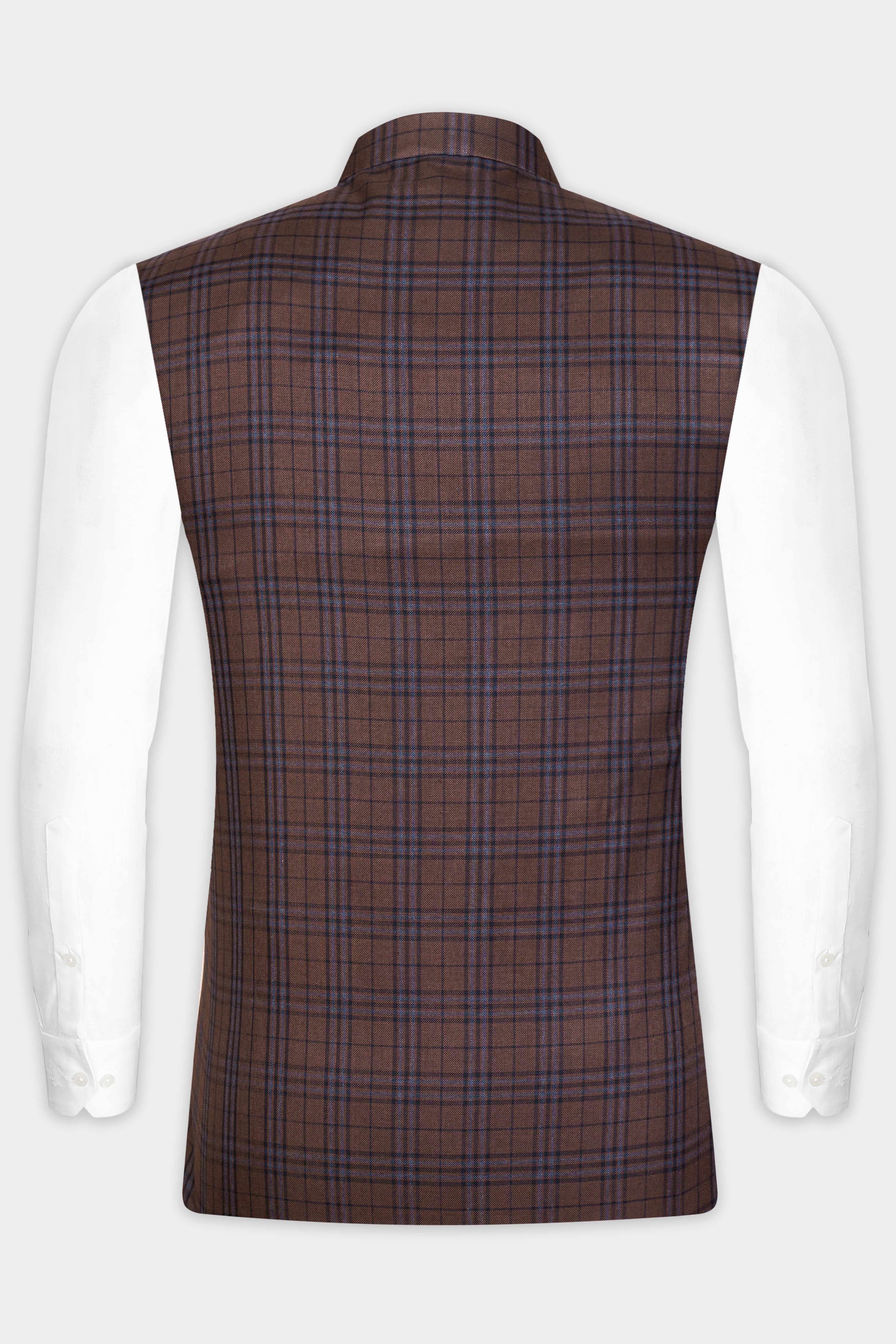 Gingerbread Brown and Haiti Blue Plaid Wool Rich  Nehru Jacket