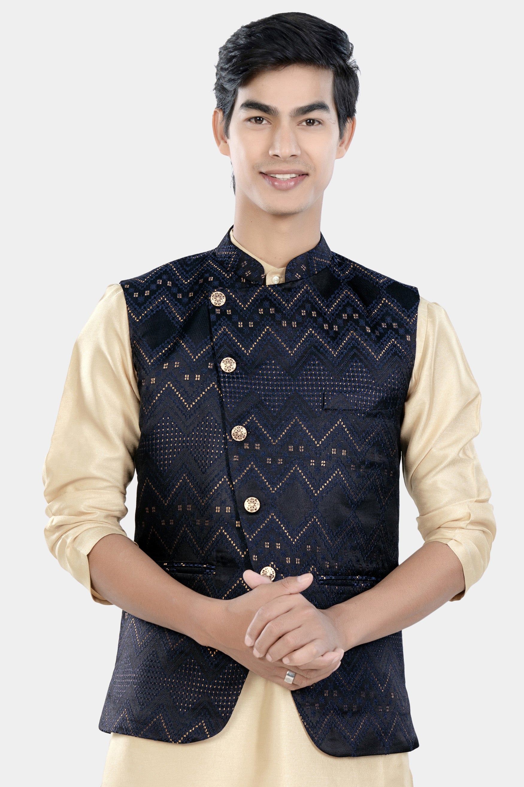 Bunker and Cloud Burst Blue Chevron Thread Embroidered Designer Nehru Jacket