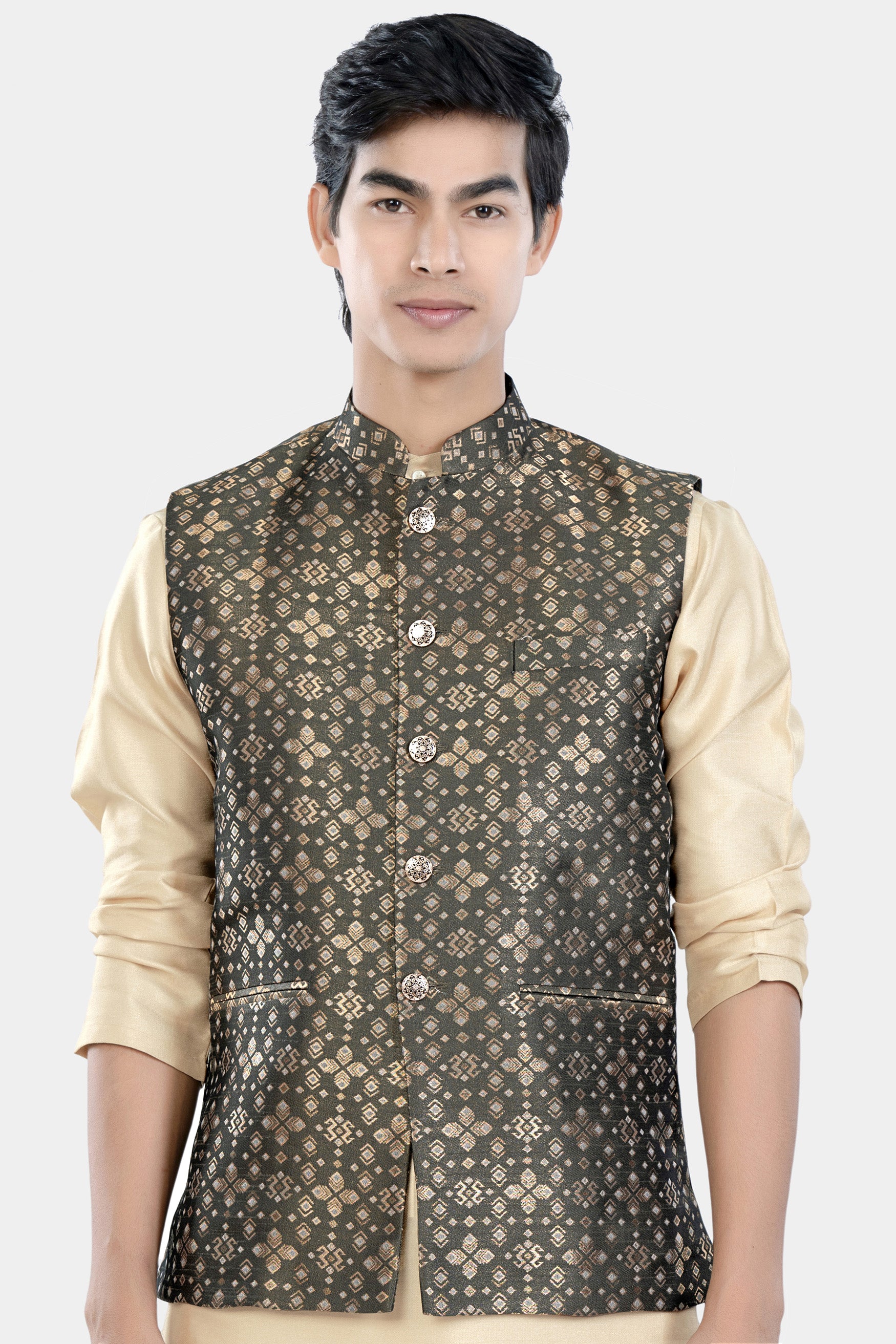 Fuscous Green and Mongoose Brown Floral Jacquard Textured Designer Nehru Jacket