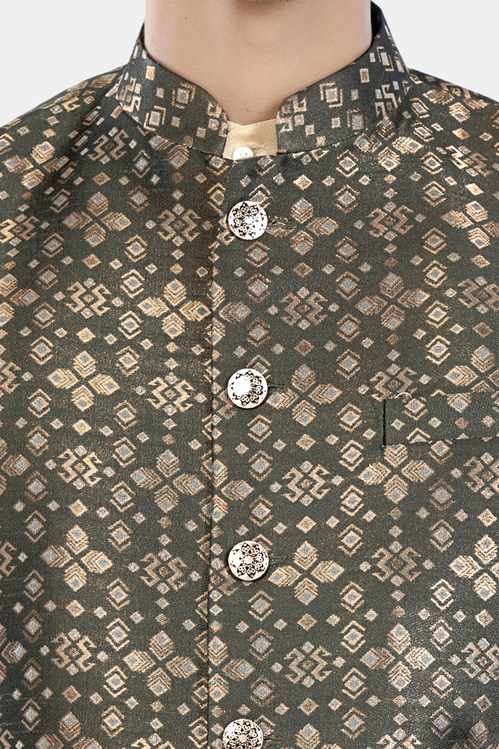 Fuscous Green and Mongoose Brown Floral Jacquard Textured Designer Nehru Jacket