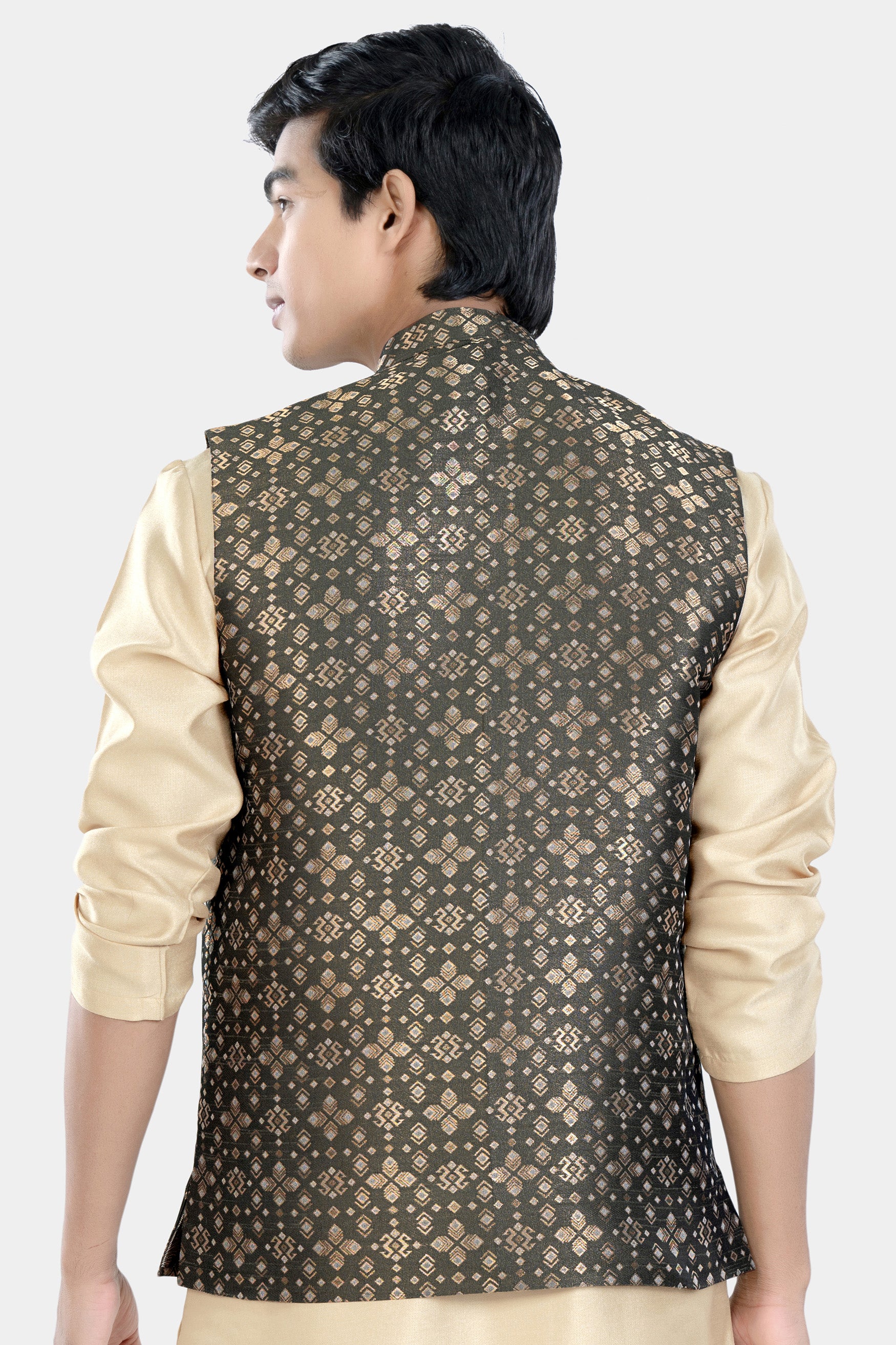 Fuscous Green and Mongoose Brown Floral Jacquard Textured Designer Nehru Jacket