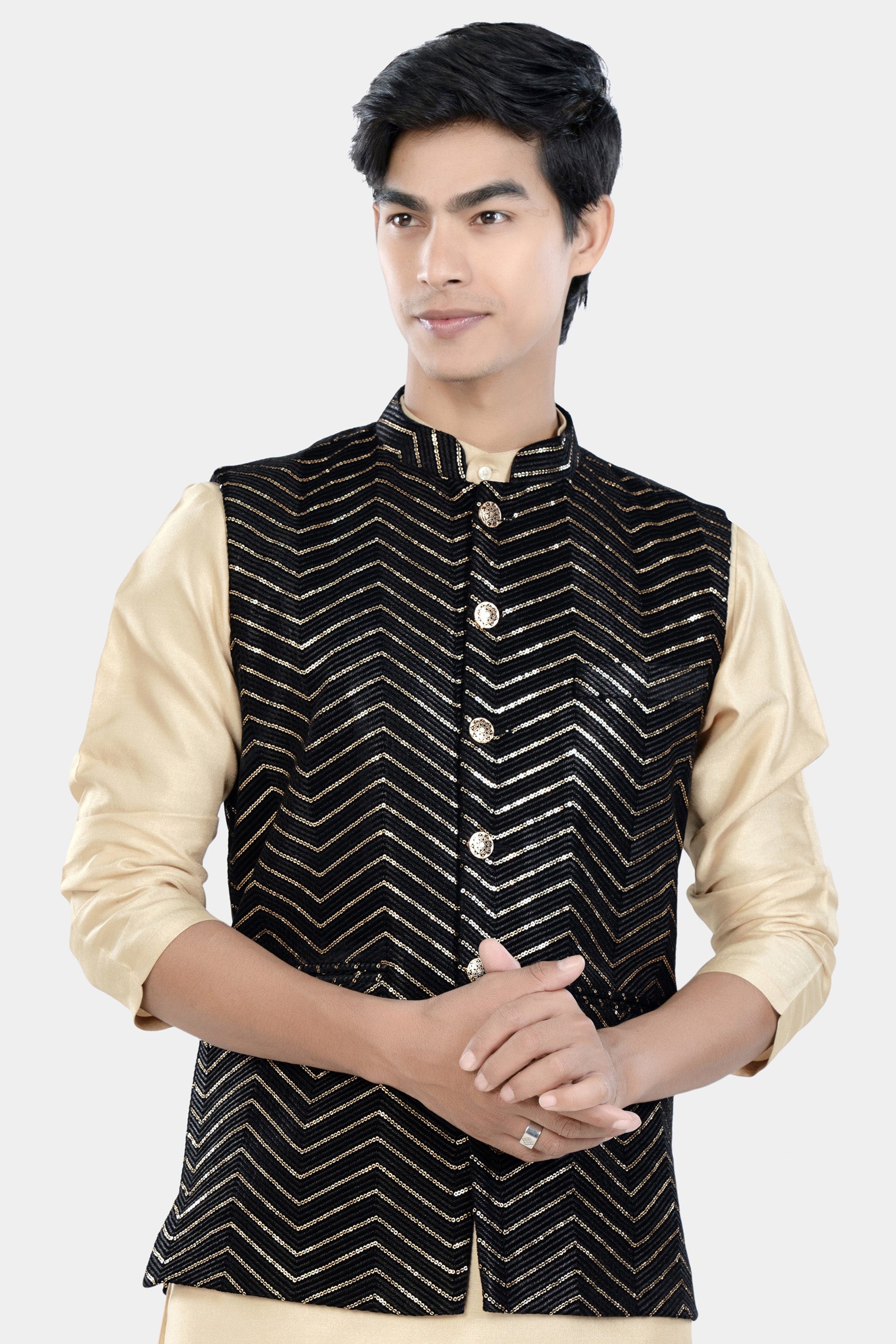 Jade Black Chevron Thread and Sequin Embroidered Designer Nehru Jacket