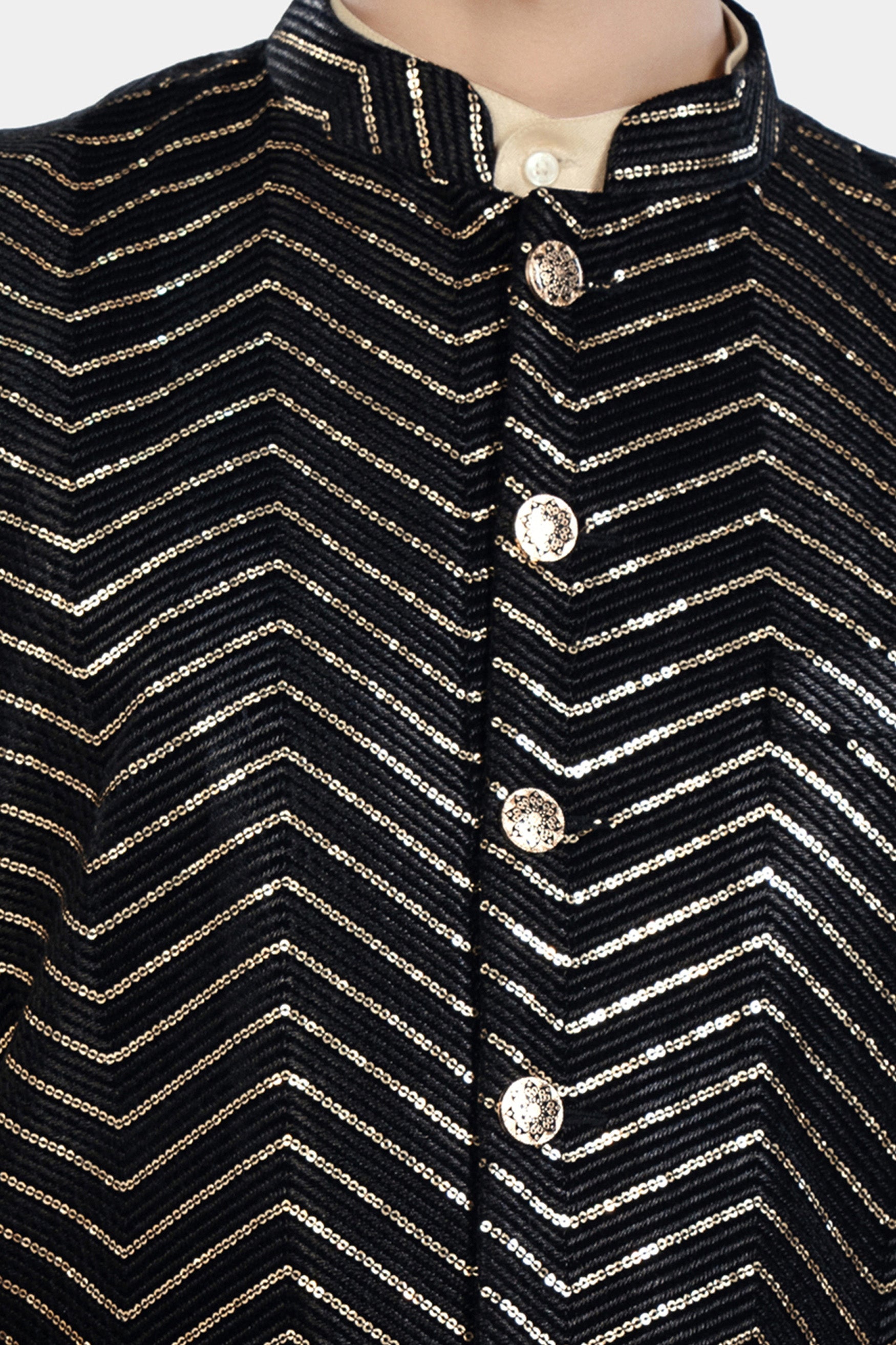 Jade Black Chevron Thread and Sequin Embroidered Designer Nehru Jacket