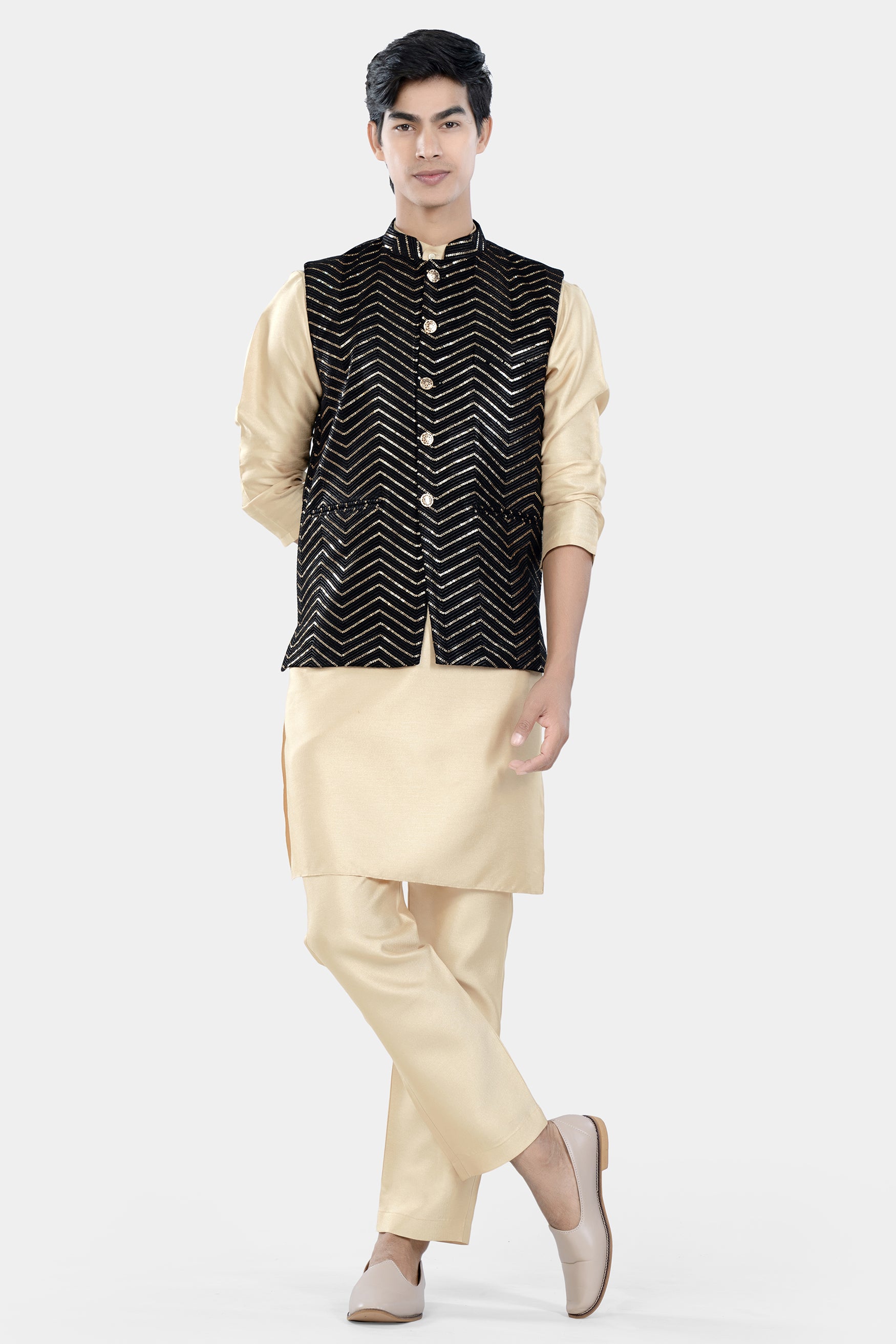 Jade Black Chevron Thread and Sequin Embroidered Designer Nehru Jacket