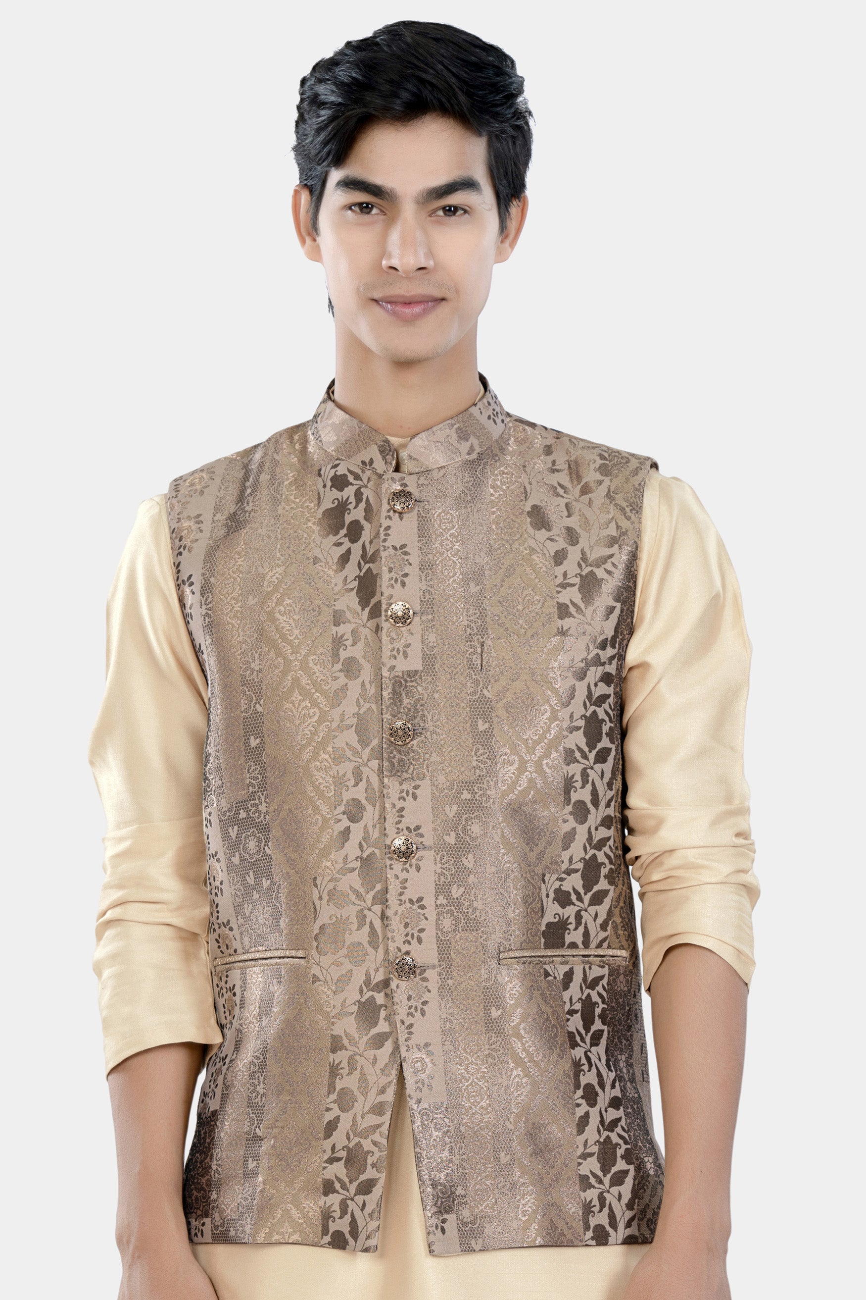 Cashmere and Sandrift Brown Floral Jacquard Textured Designer Nehru Jacket