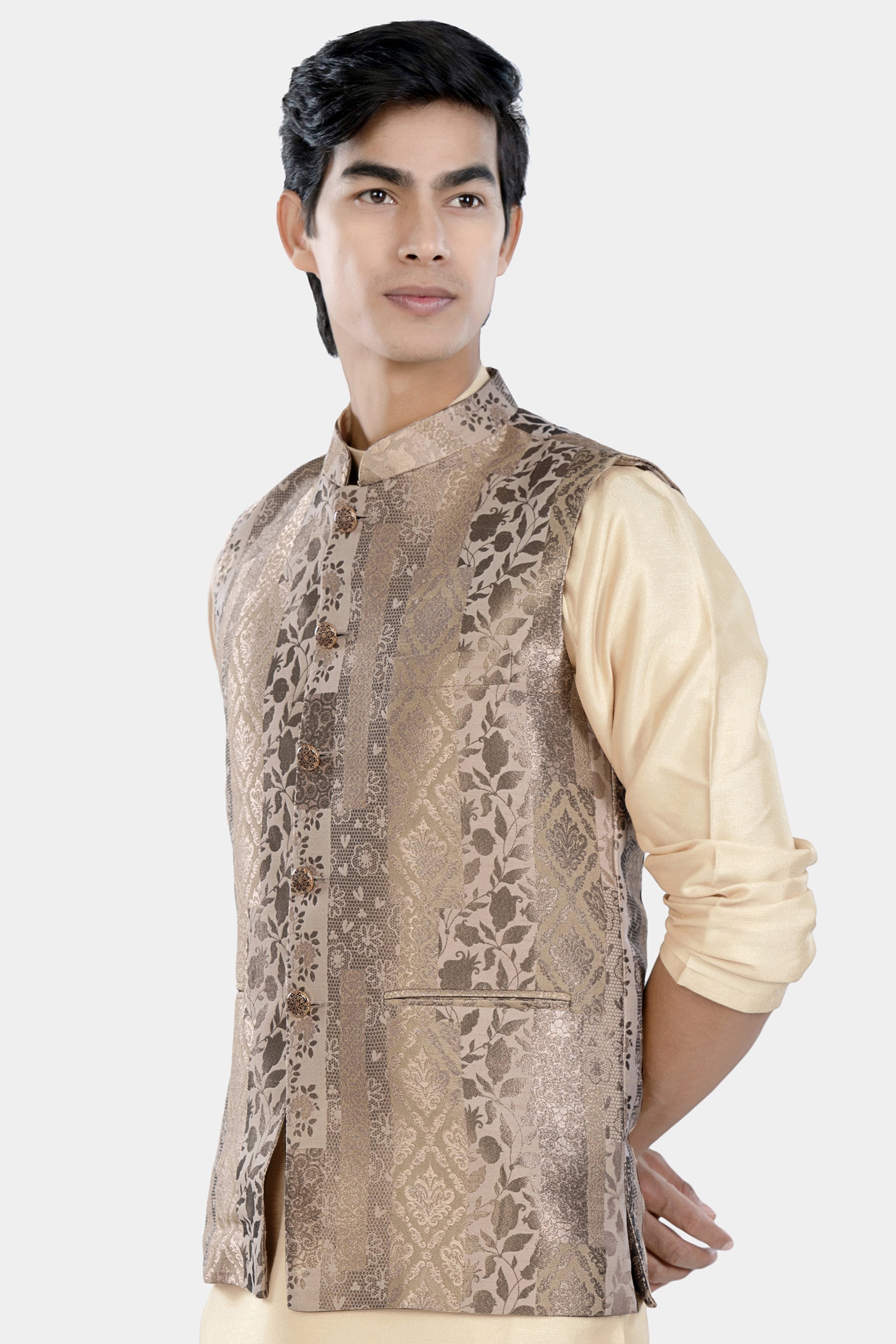 Cashmere and Sandrift Brown Floral Jacquard Textured Designer Nehru Jacket