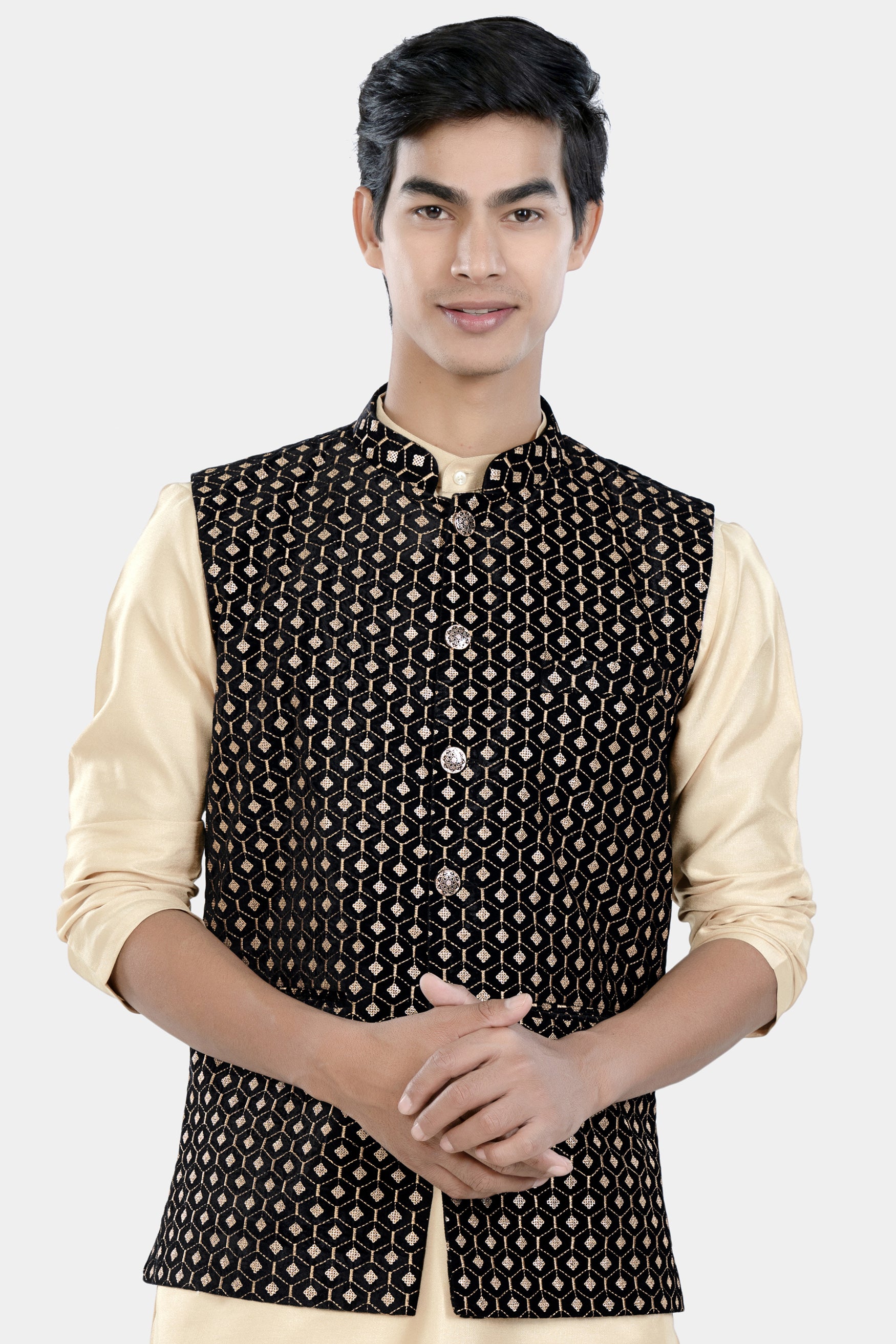 Jade Black and Fawn Brown Hexagon Thread and Sequin Embroidered Designer Nehru Jacket