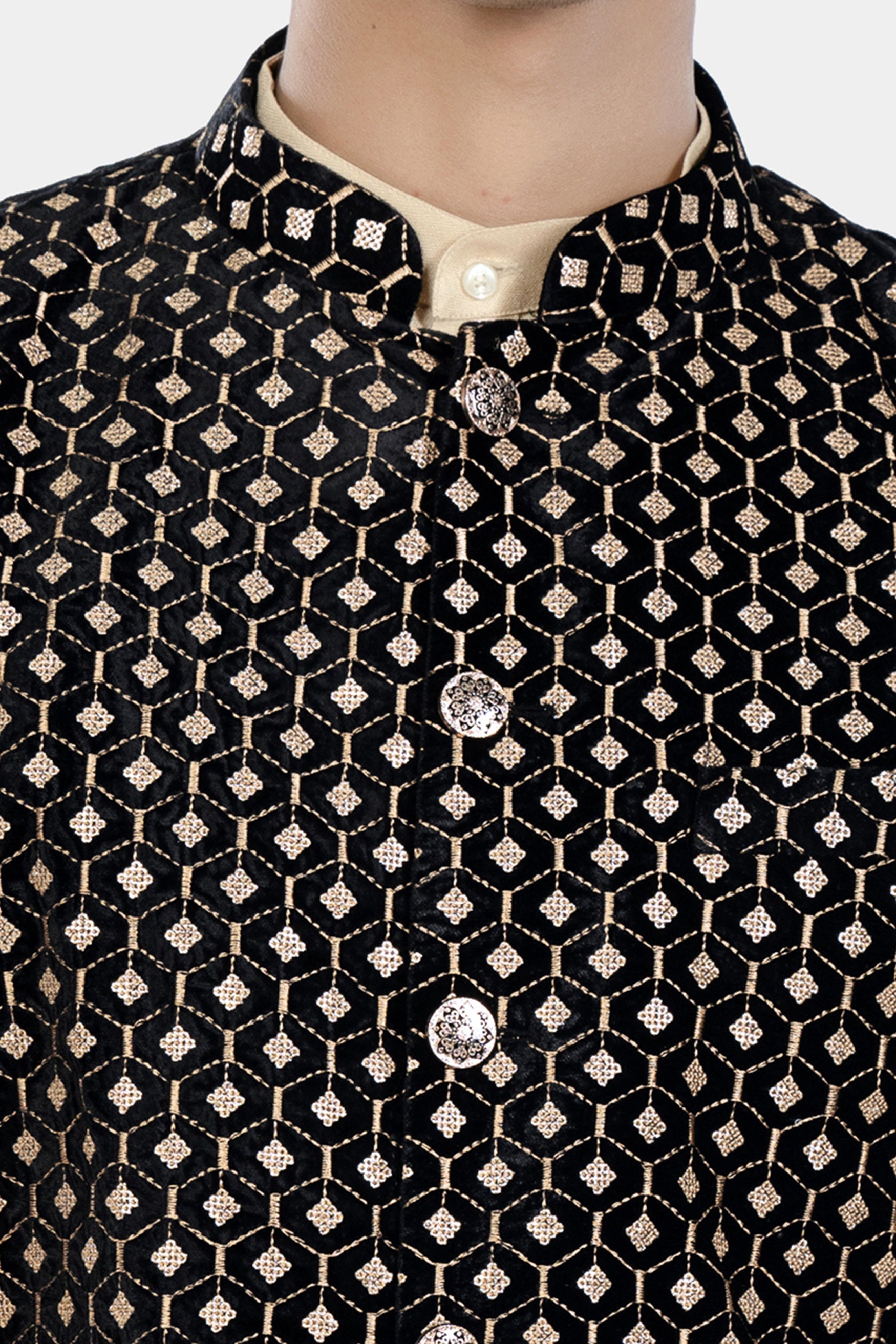 Jade Black and Fawn Brown Hexagon Thread and Sequin Embroidered Designer Nehru Jacket