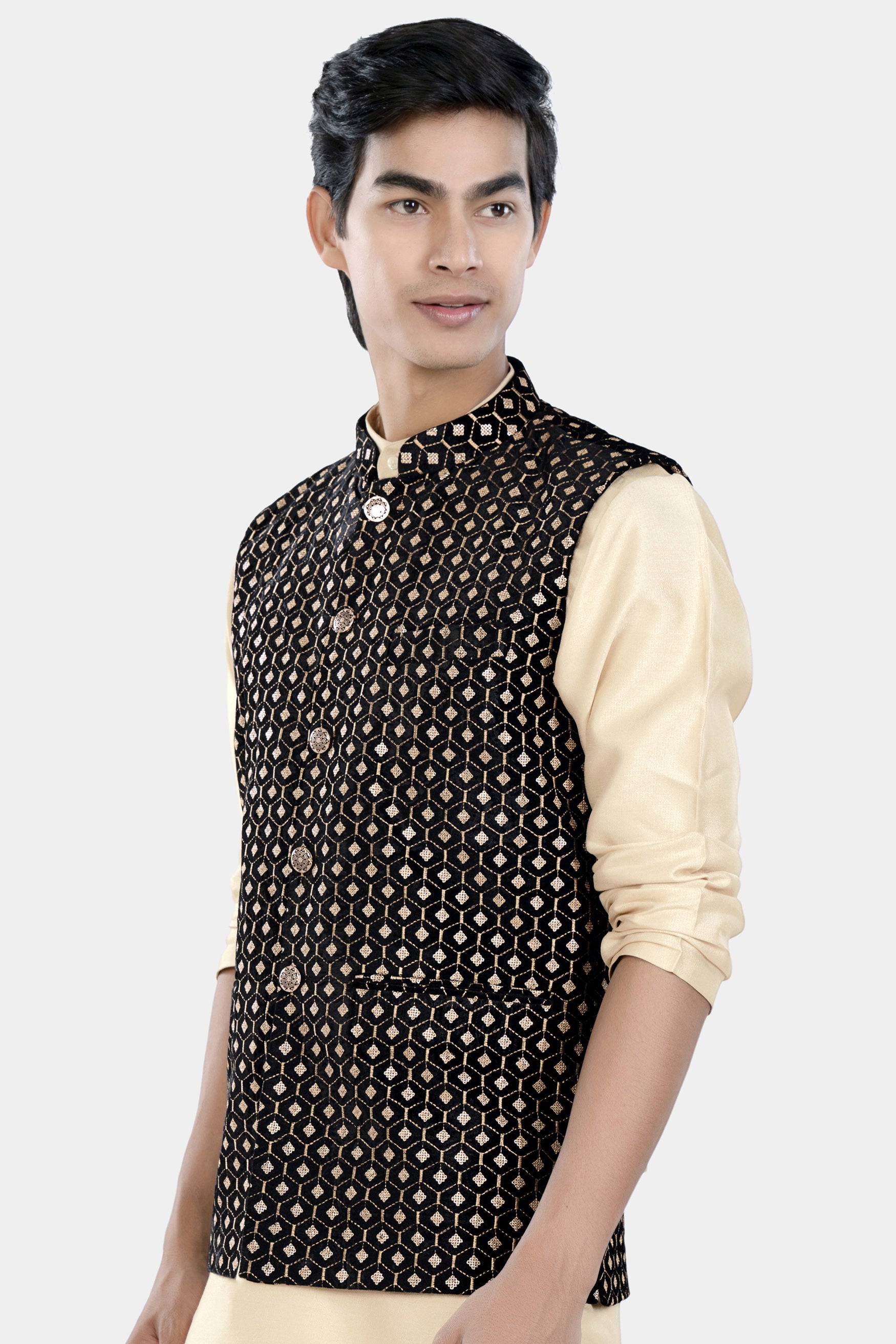 Jade Black and Fawn Brown Hexagon Thread and Sequin Embroidered Designer Nehru Jacket