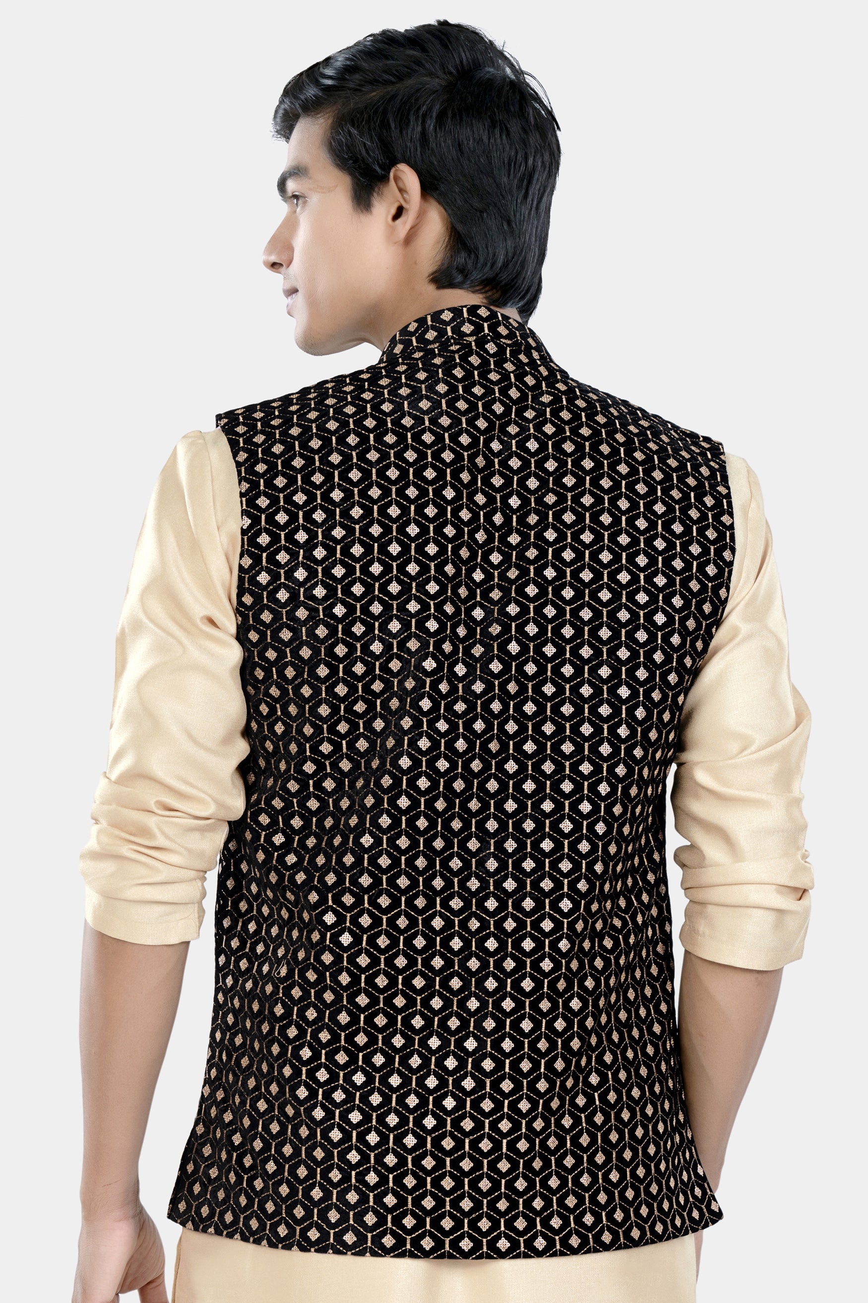 Jade Black and Fawn Brown Hexagon Thread and Sequin Embroidered Designer Nehru Jacket