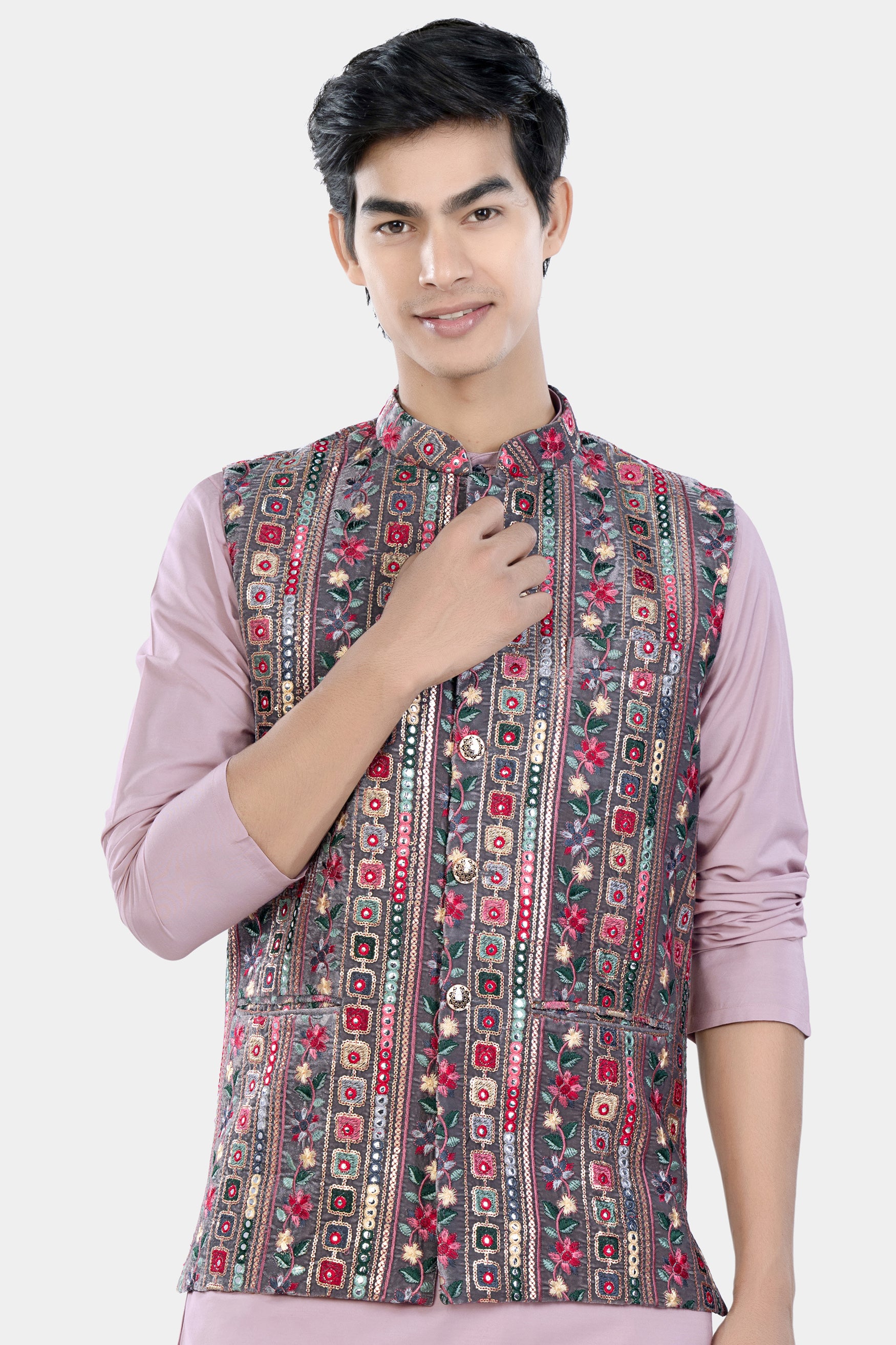 Fedora Gray and Carmine Pink Thread and Sequin Embroidered with Mirror Work Designer Nehru Jacket