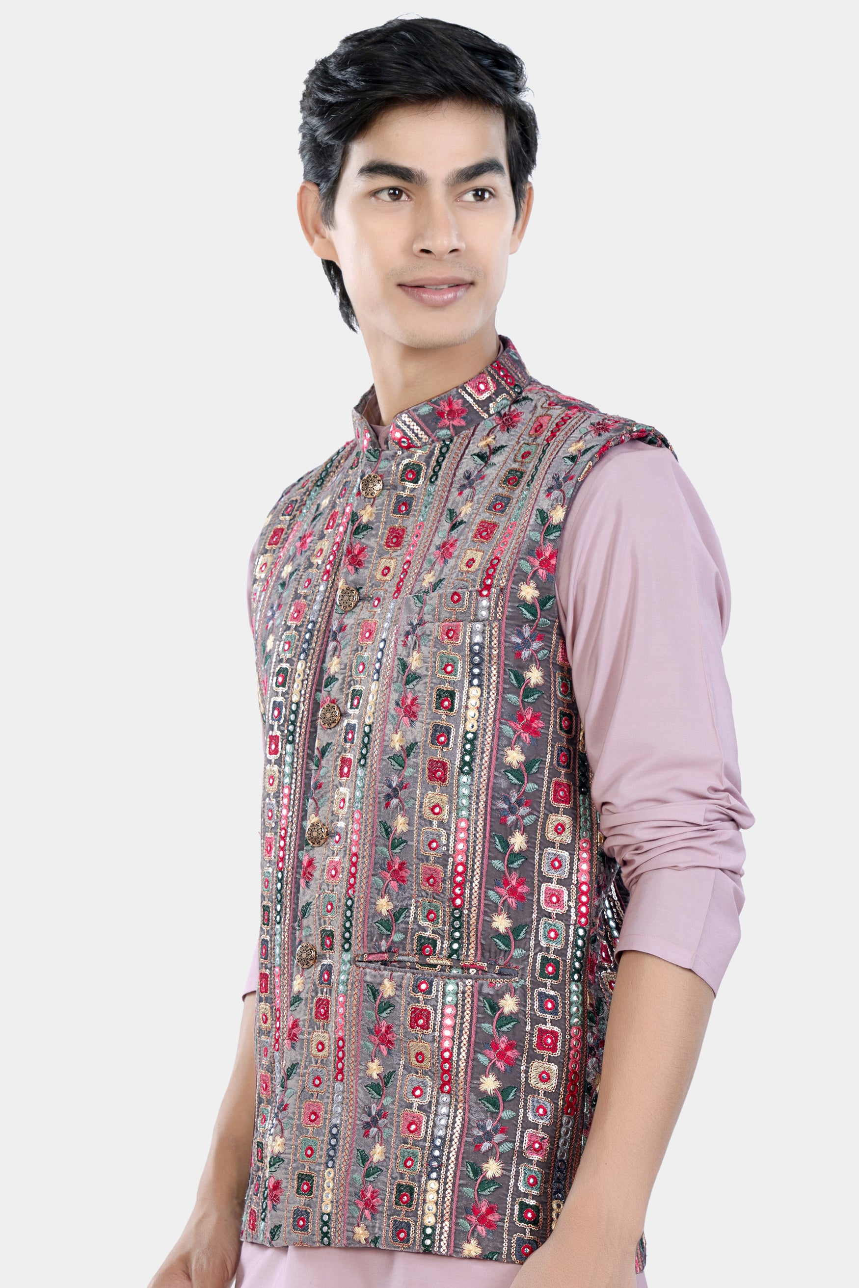 Fedora Gray and Carmine Pink Thread and Sequin Embroidered with Mirror Work Designer Nehru Jacket