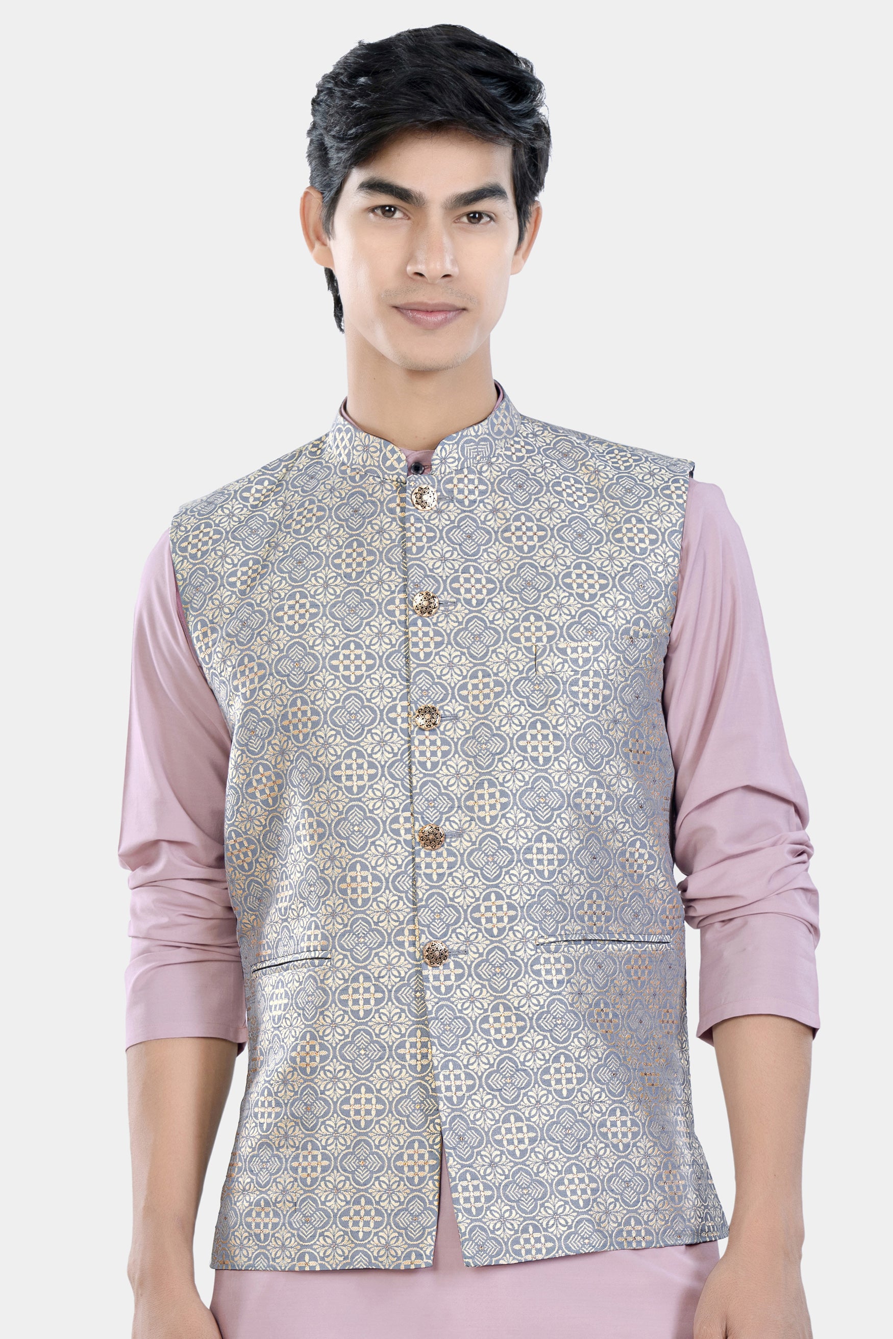 Cadet Blue and White Moroccan Jacquard Textured Designer Nehru Jacket