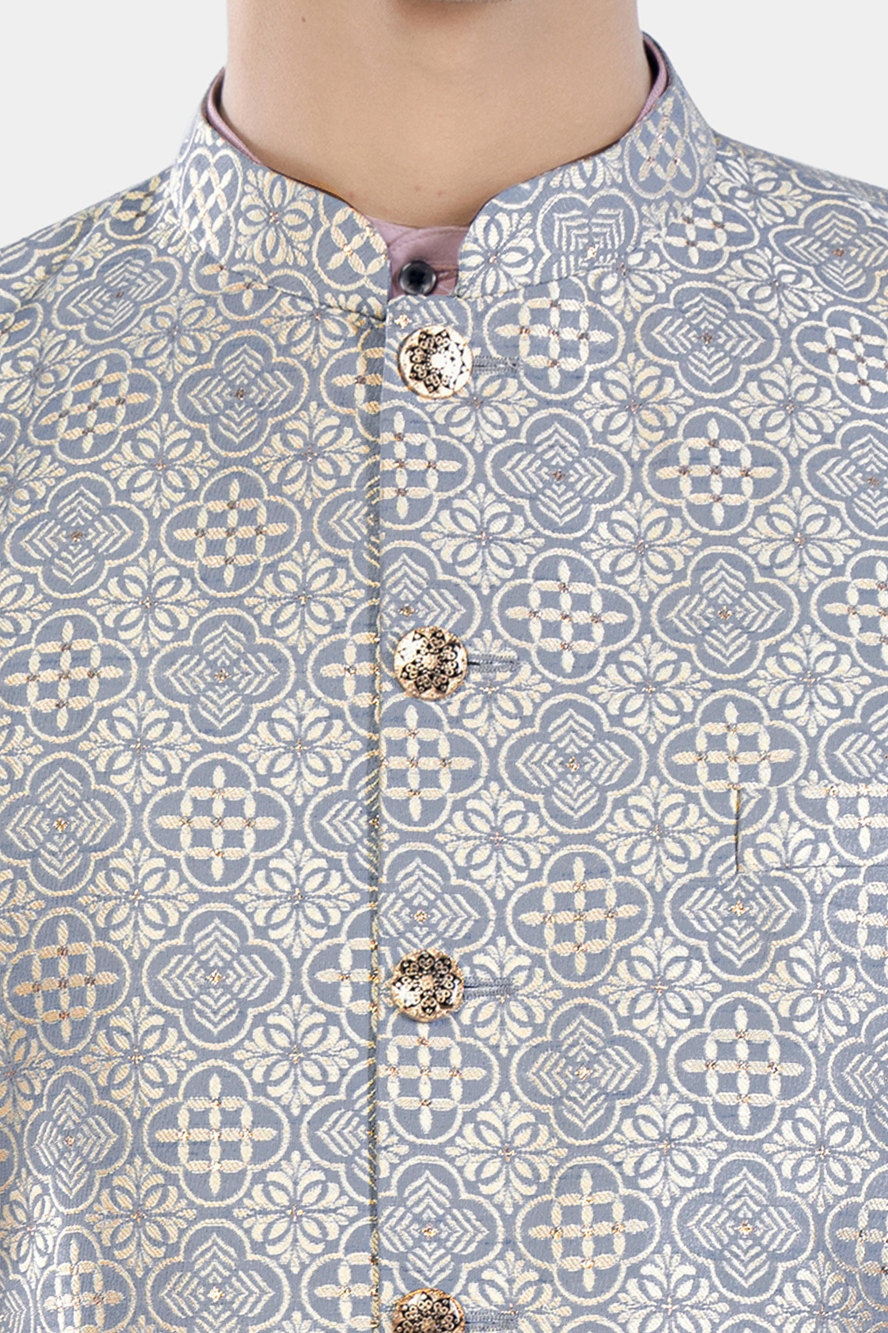 Cadet Blue and White Moroccan Jacquard Textured Designer Nehru Jacket