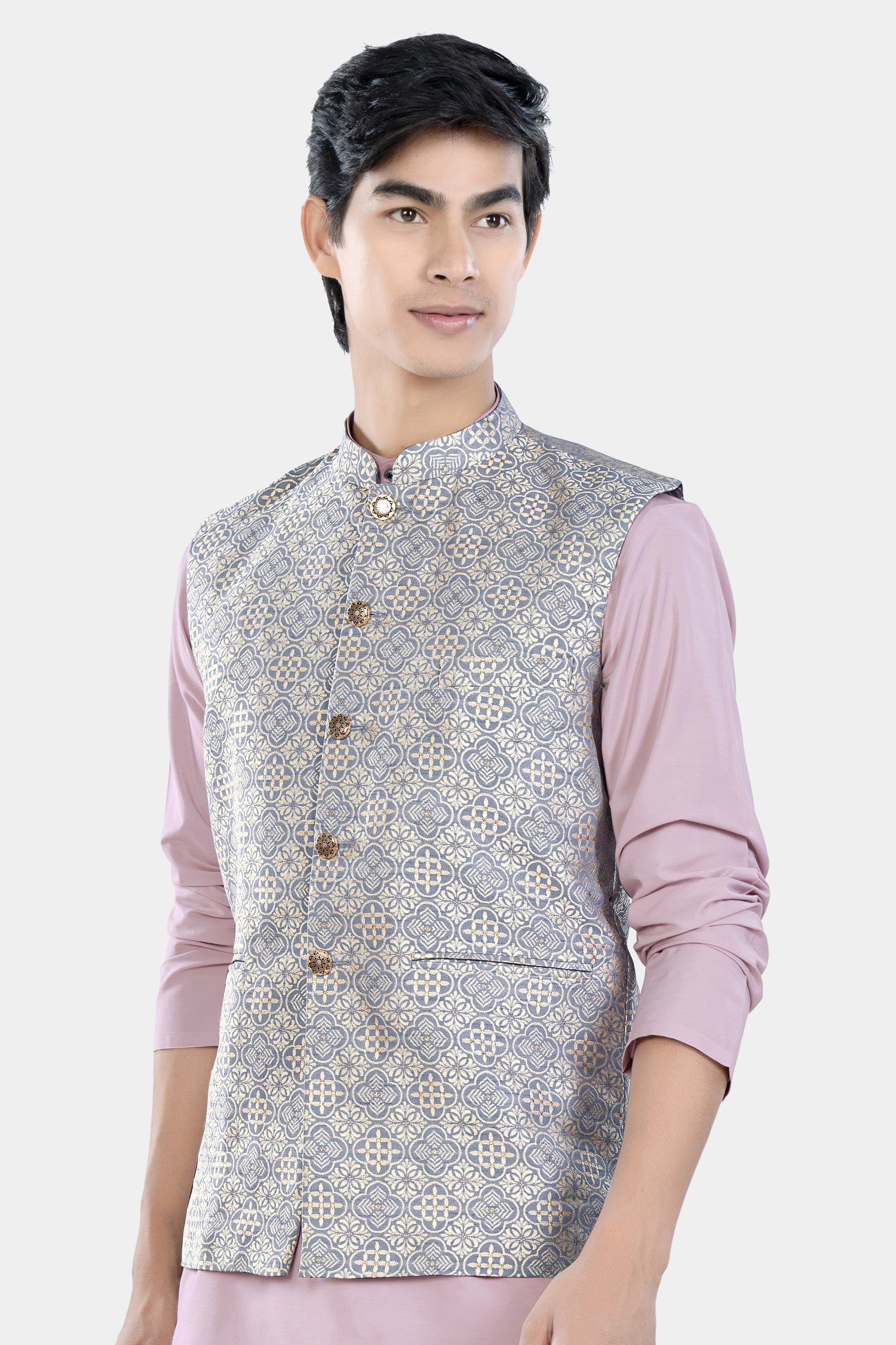 Cadet Blue and White Moroccan Jacquard Textured Designer Nehru Jacket