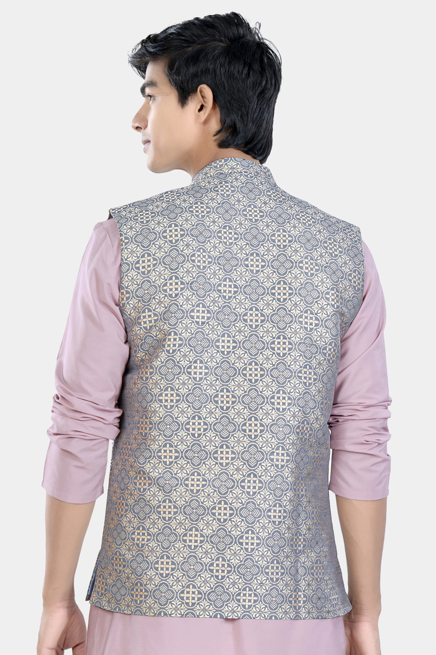 Cadet Blue and White Moroccan Jacquard Textured Designer Nehru Jacket