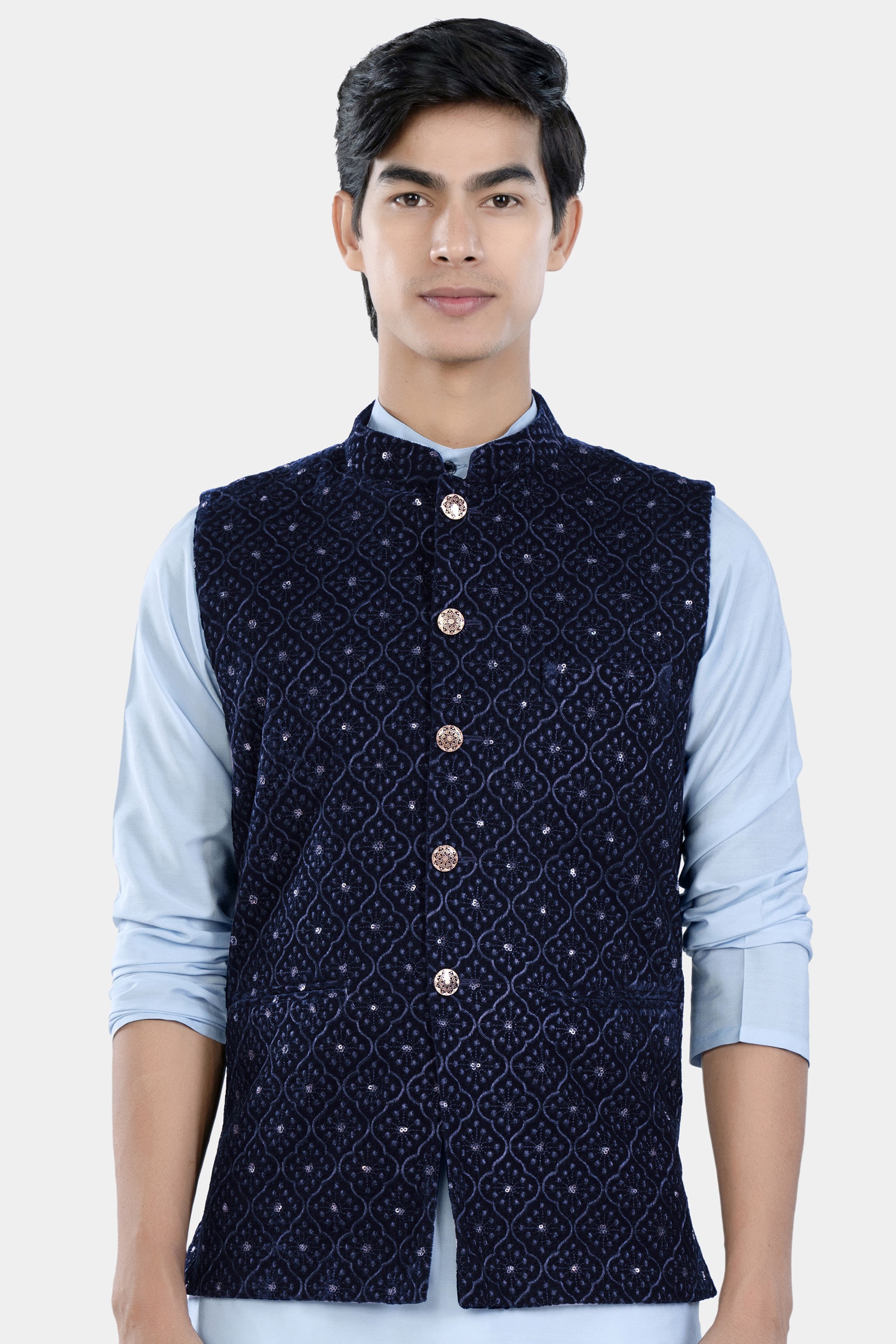 Haiti and Astros Blue Moroccan Thread and Sequin Embroidered Nehru Jacket