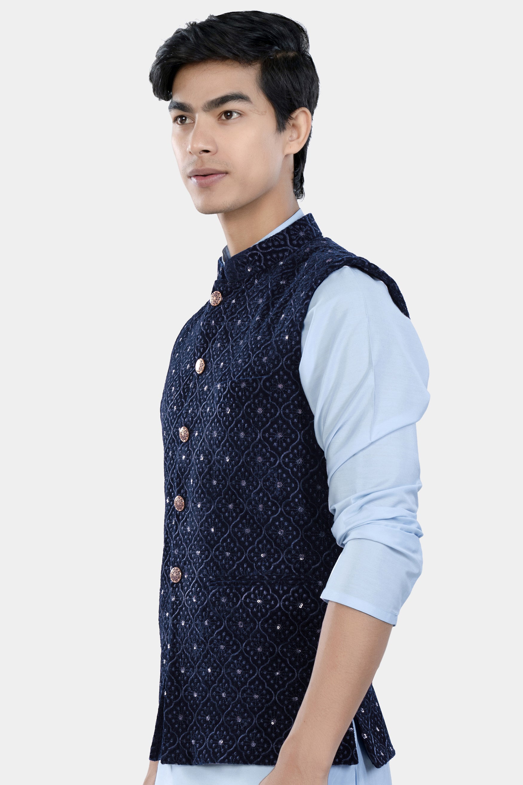 Haiti and Astros Blue Moroccan Thread and Sequin Embroidered Nehru Jacket