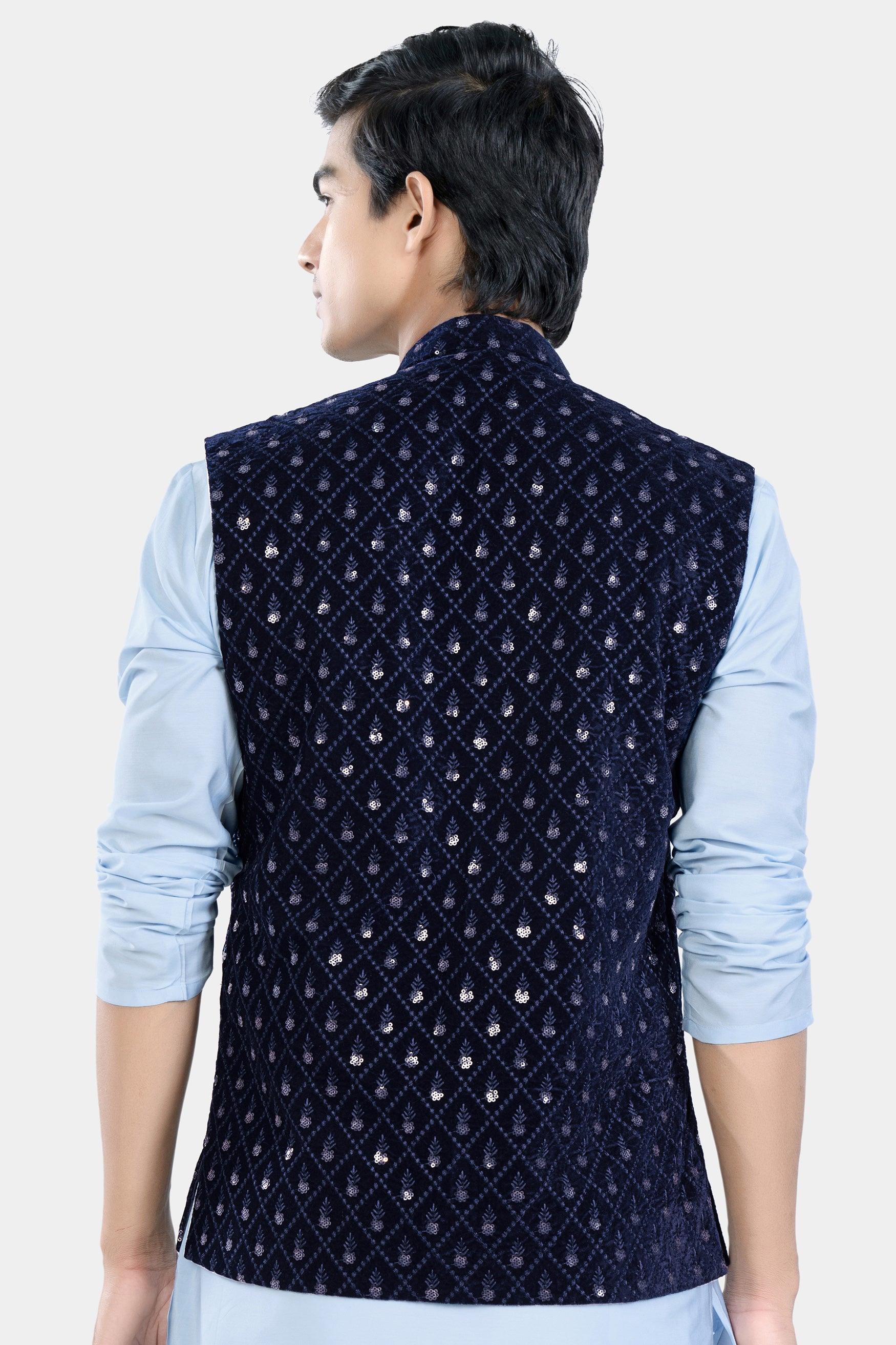Haiti and Astros Blue Moroccan Thread and Sequin Embroidered Nehru Jacket