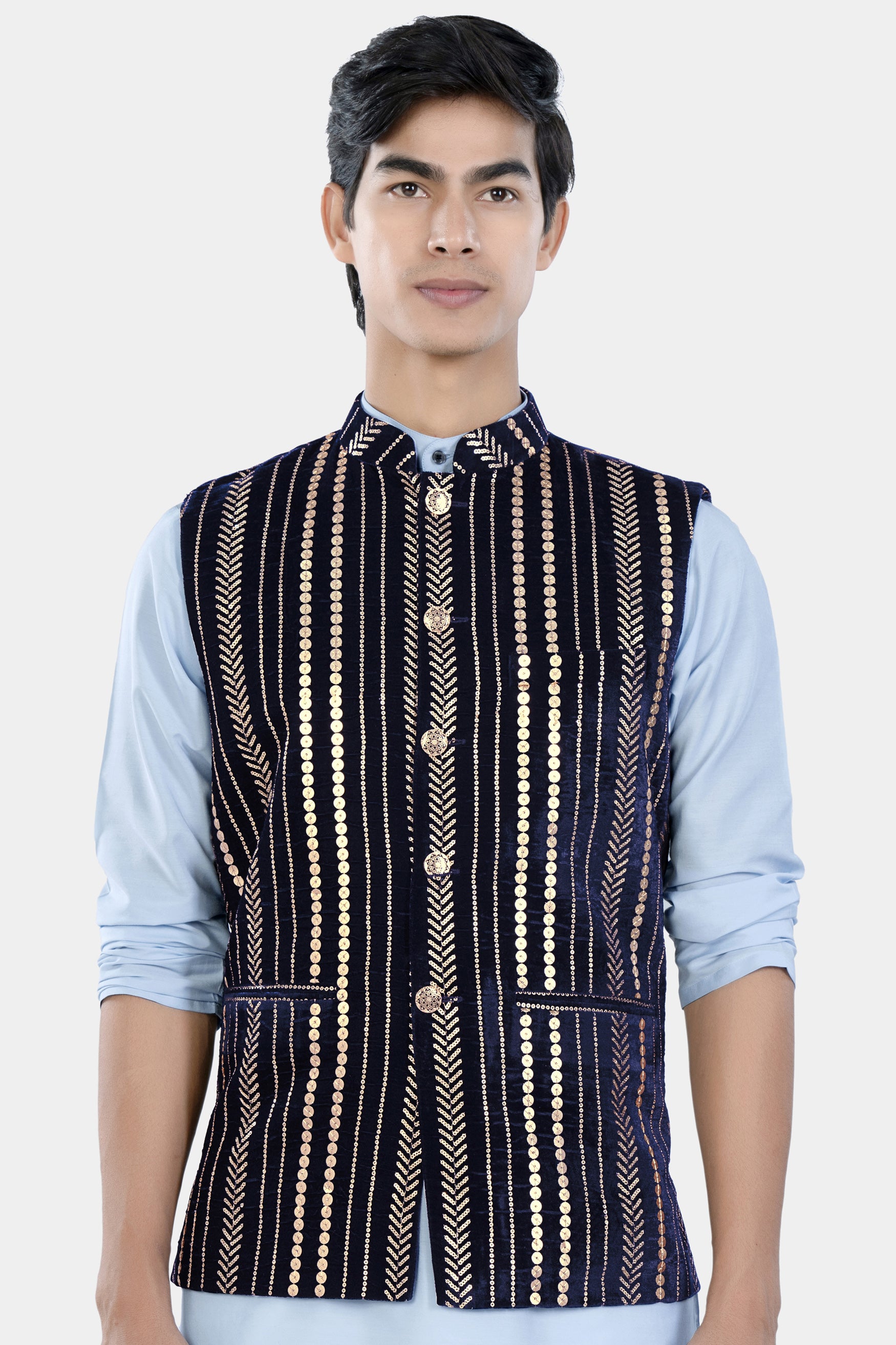 Stratos Blue Vertical Sequin Embroidered Designer Nehru Jacket